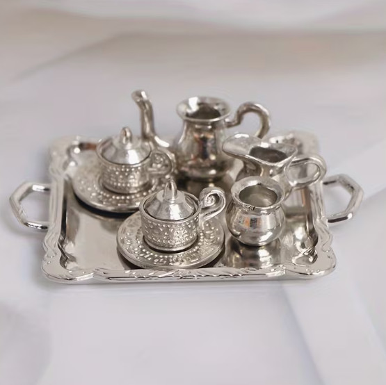 MINIATURES TEA SET-10pcs 1/12 Scale Miniature Silvery Tone Metal Tea Pot & Tray