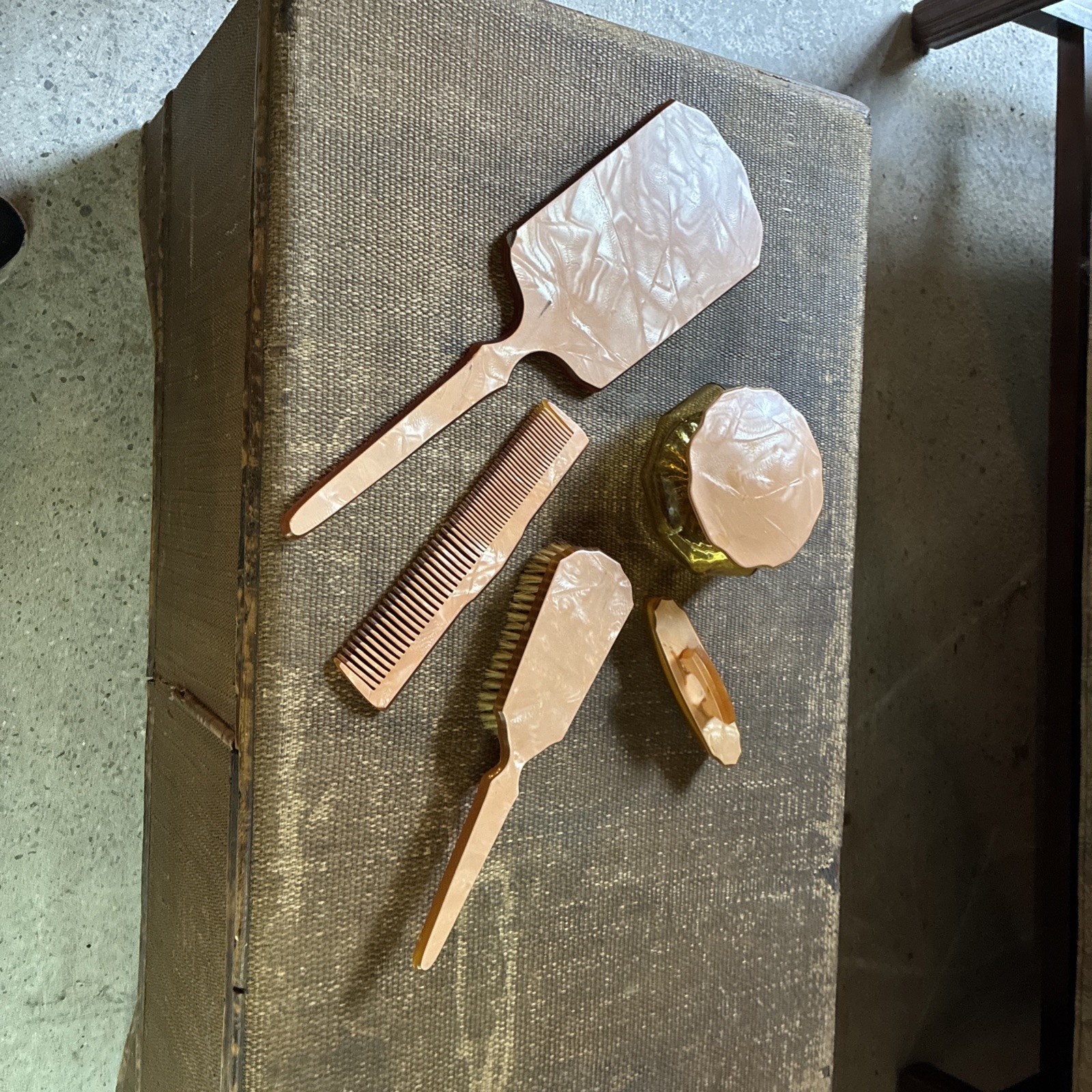 Vintage Pink Marbled Vanity Set Hand Mirror Hair Brush Comb ,Bakelite