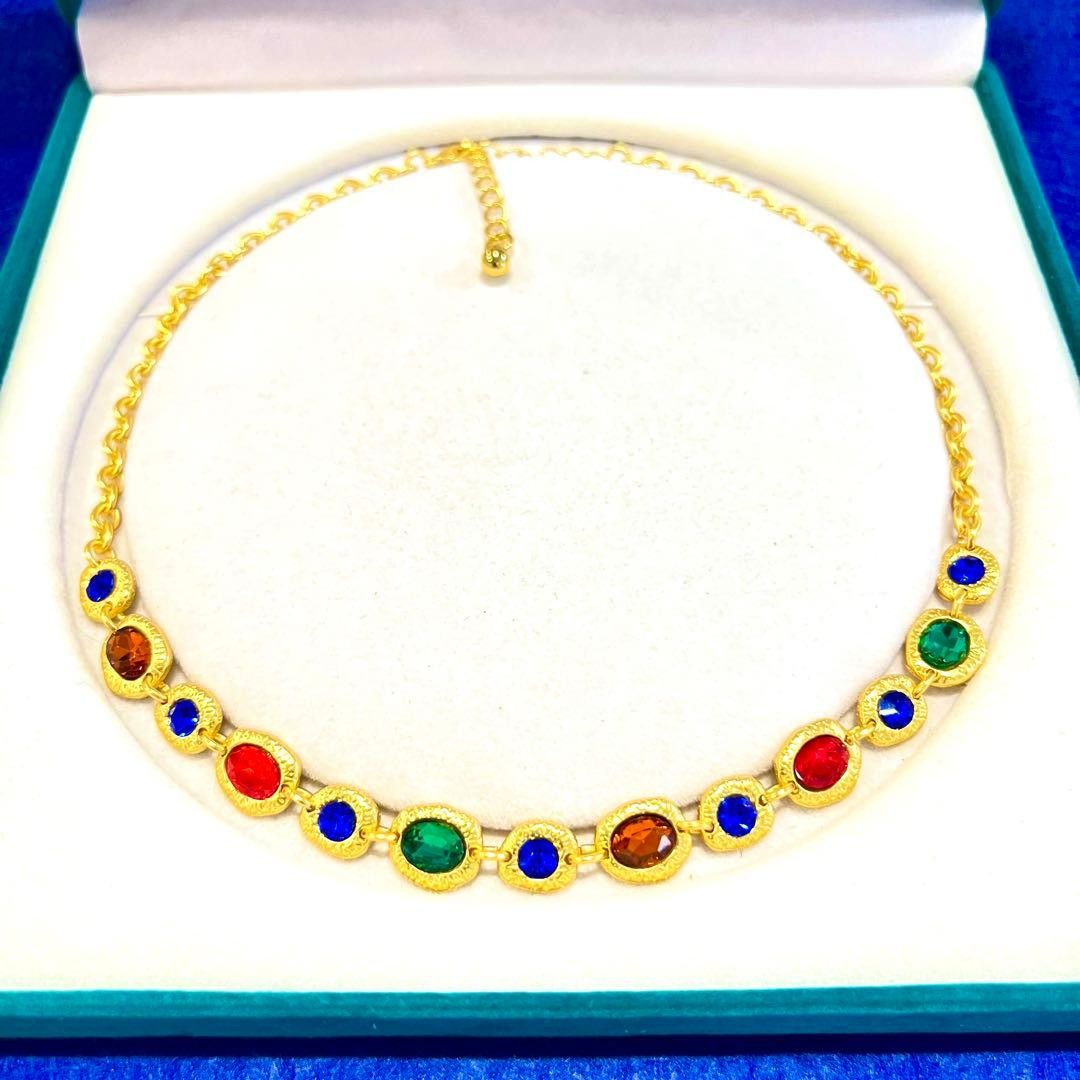 Vintage Gold Necklace with Blue, Green, Red Retro Design, Pre-owned