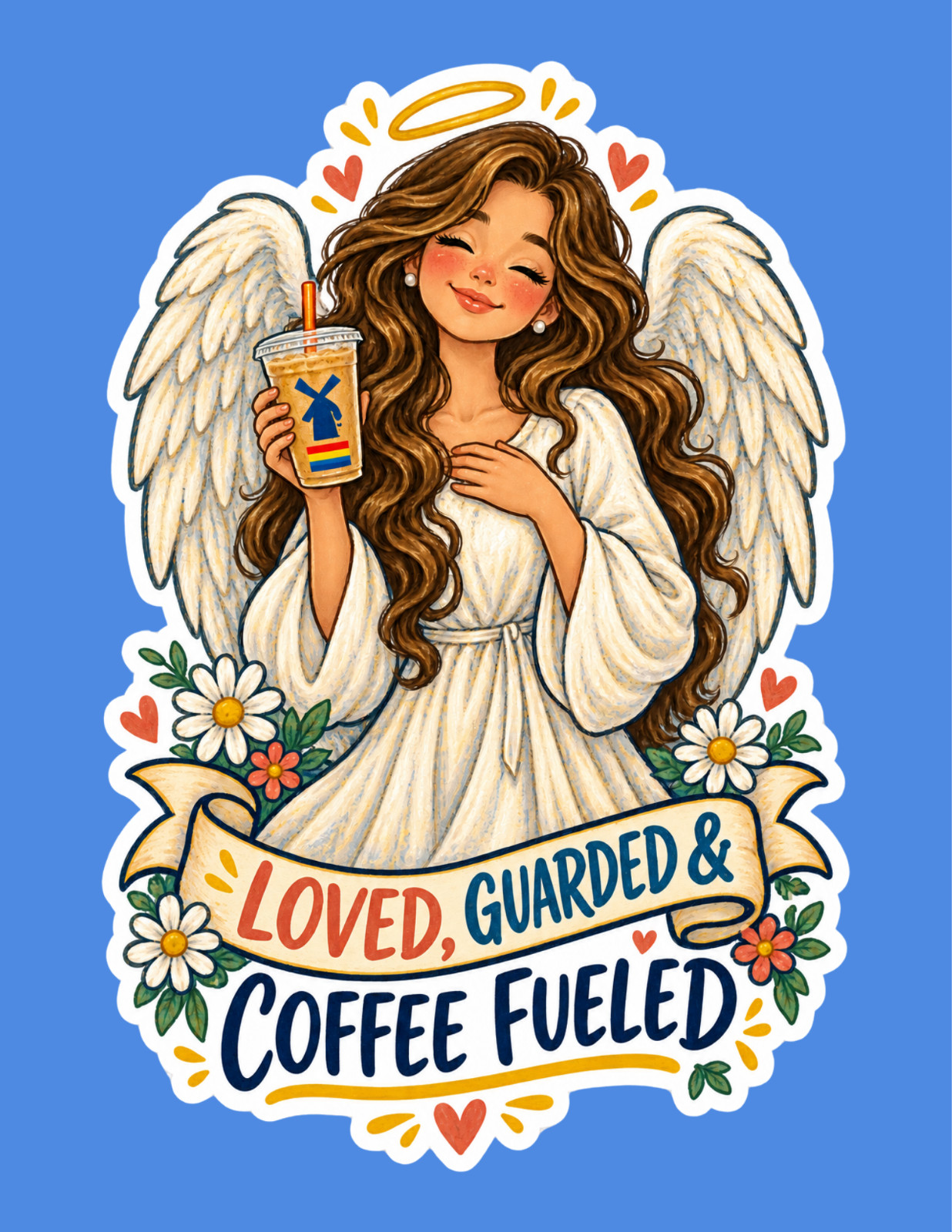 Guardian Angel Flowers Dutch Bros Coffee Love Guarded  & Coffee Fueled Sticker