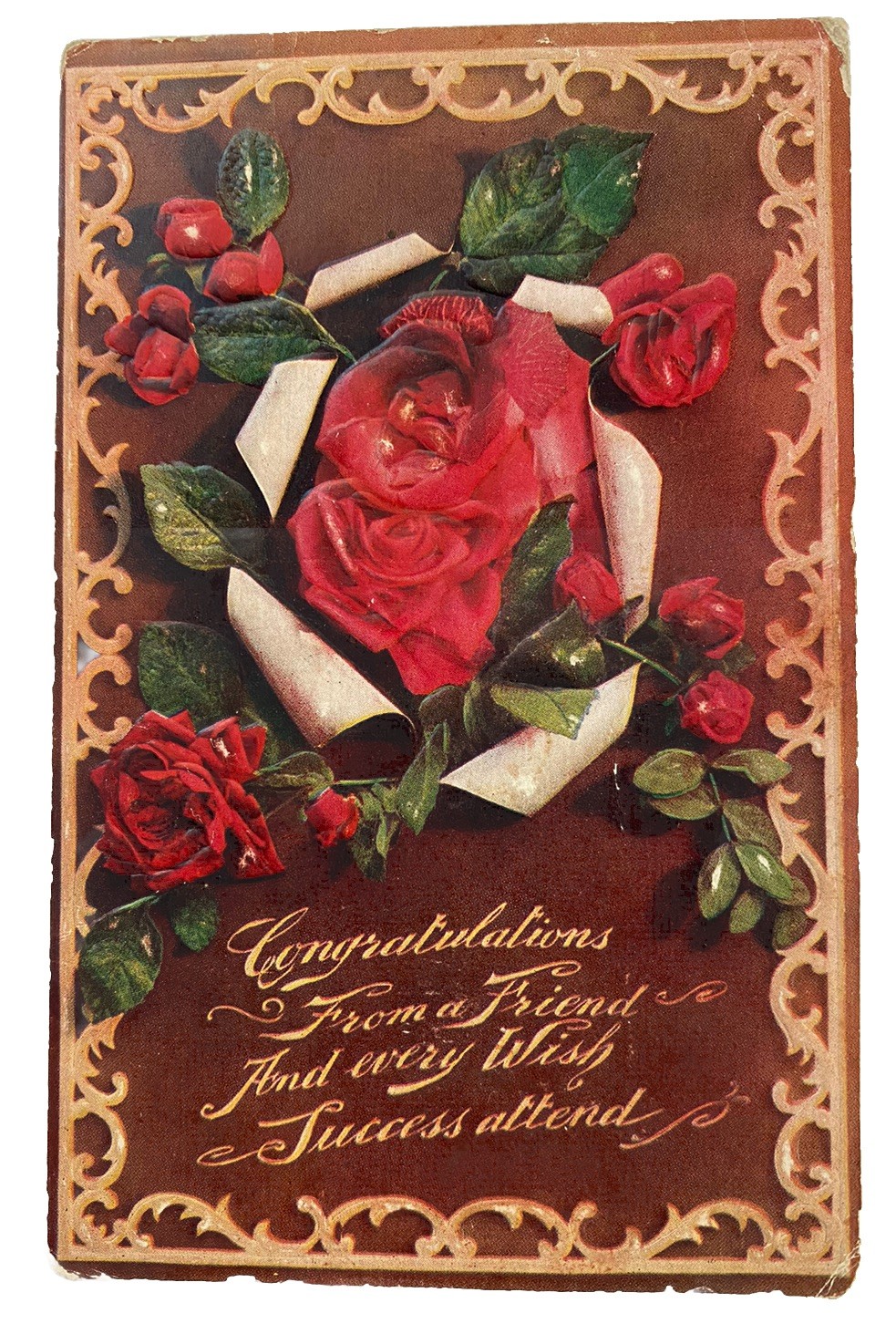 Congratulations from a Friend, Embossed Roses Floral ~ Antique 1910s Postcard Congratulations from a Friend, Embossed Roses Floral ~ Antique 1910s Postcard