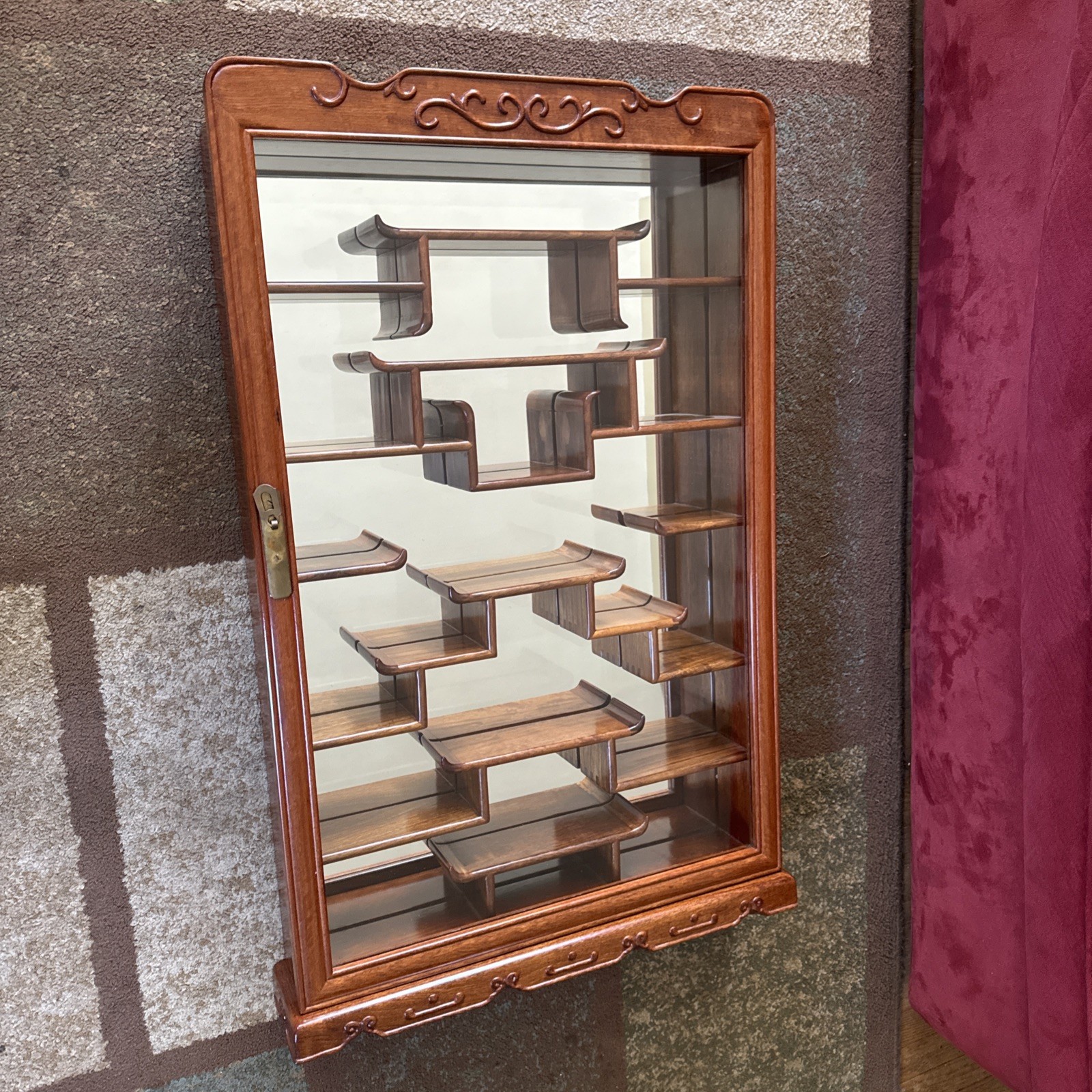 VTG Asian Rosewood And Glass Snuff Bottle Wall Hang Display Curio Cabinet 32x20 VTG Asian Rosewood And Glass Snuff Bottle Wall Hang Display Curio Cabinet 32x20