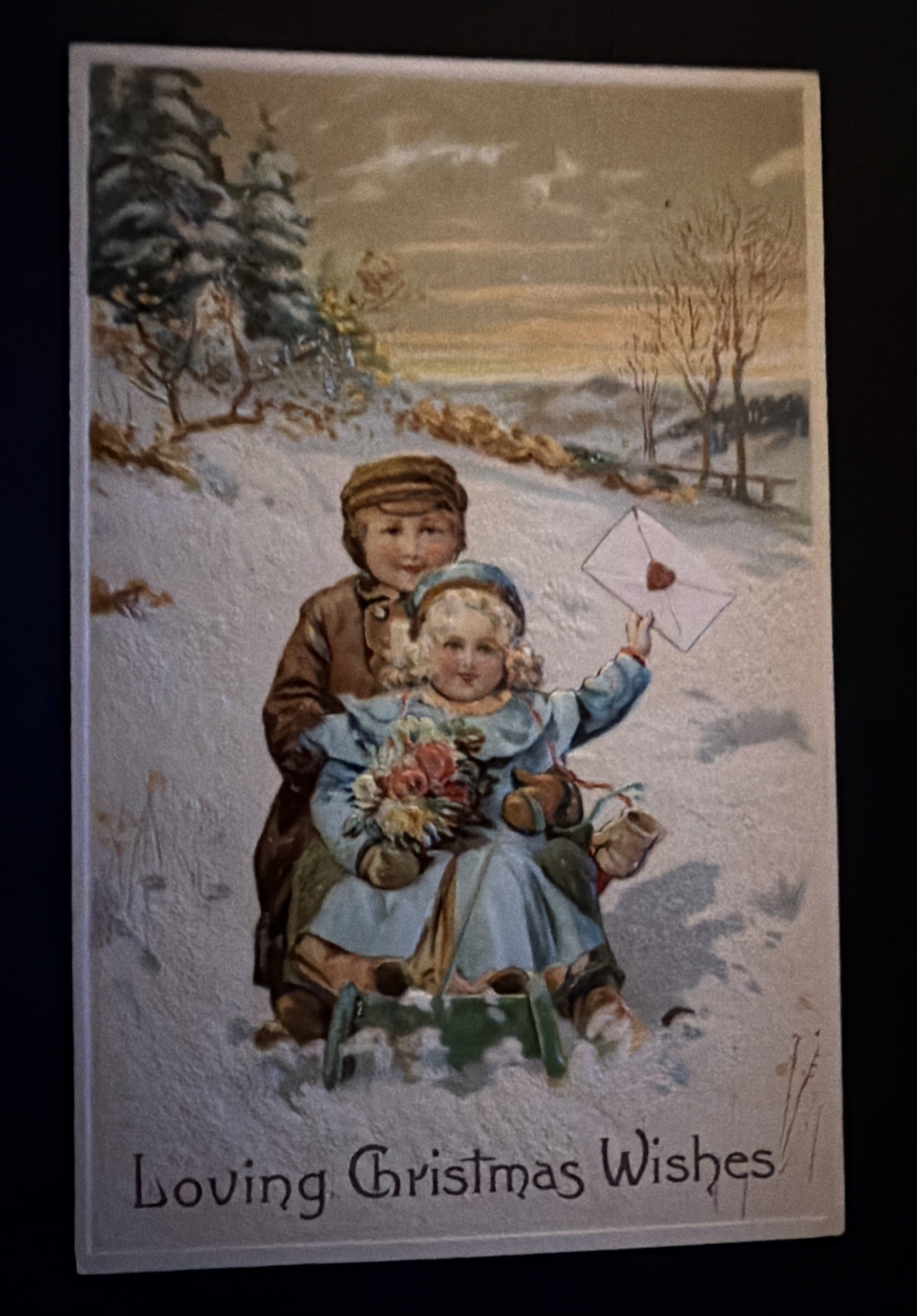 ~Christmas~Children in Snow with Sled~Antique Embossed PFB Holiday~Postcard~s948
