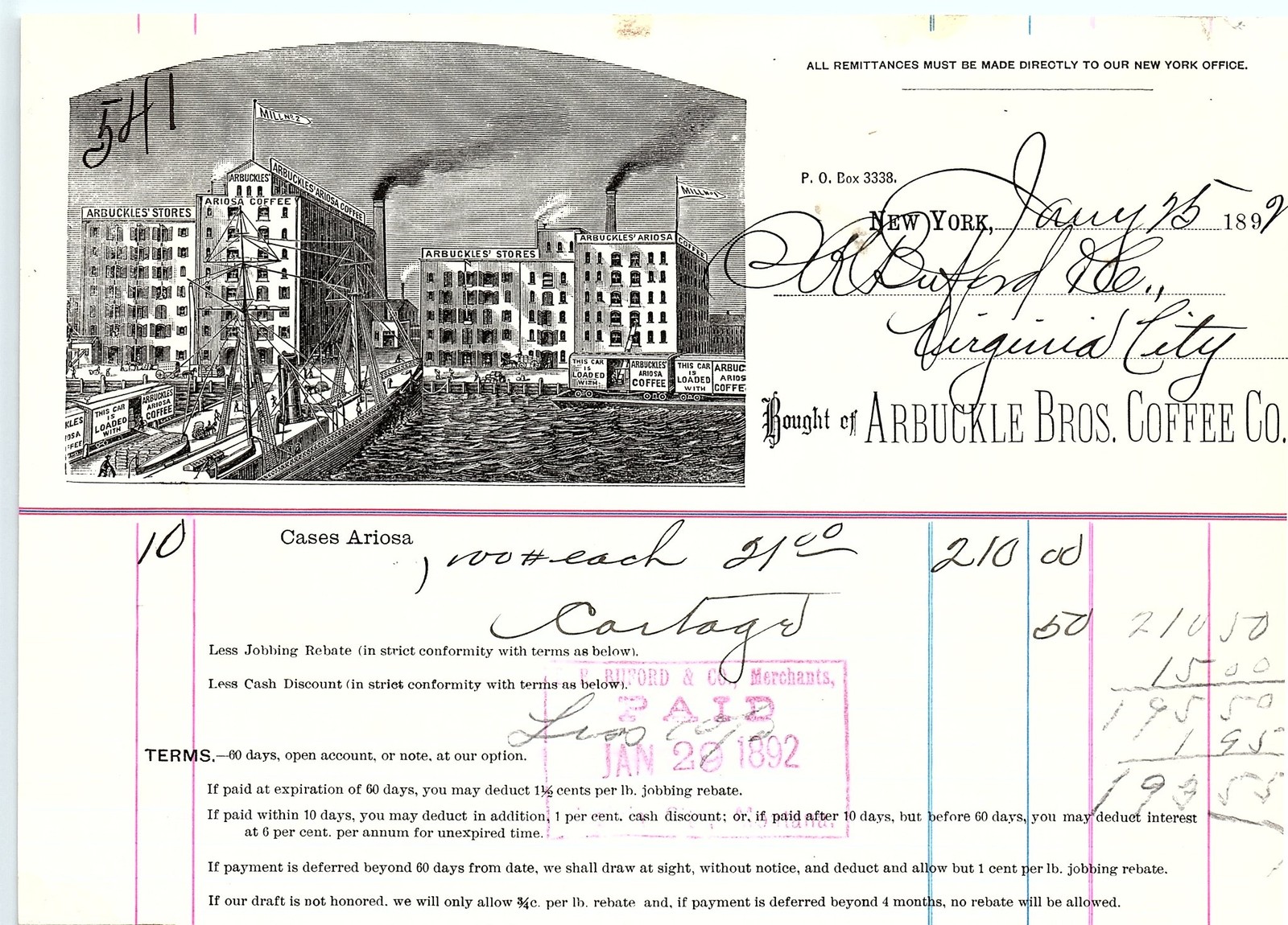 1892 Arbuckle Bros. Illustrated Coffee Billhead, Paid