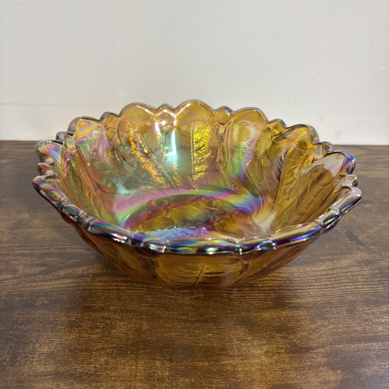 Indiana Carnival Glass Wild Rose Leaf Amber Marigold Fruit Deep Bowl Vintage 9”