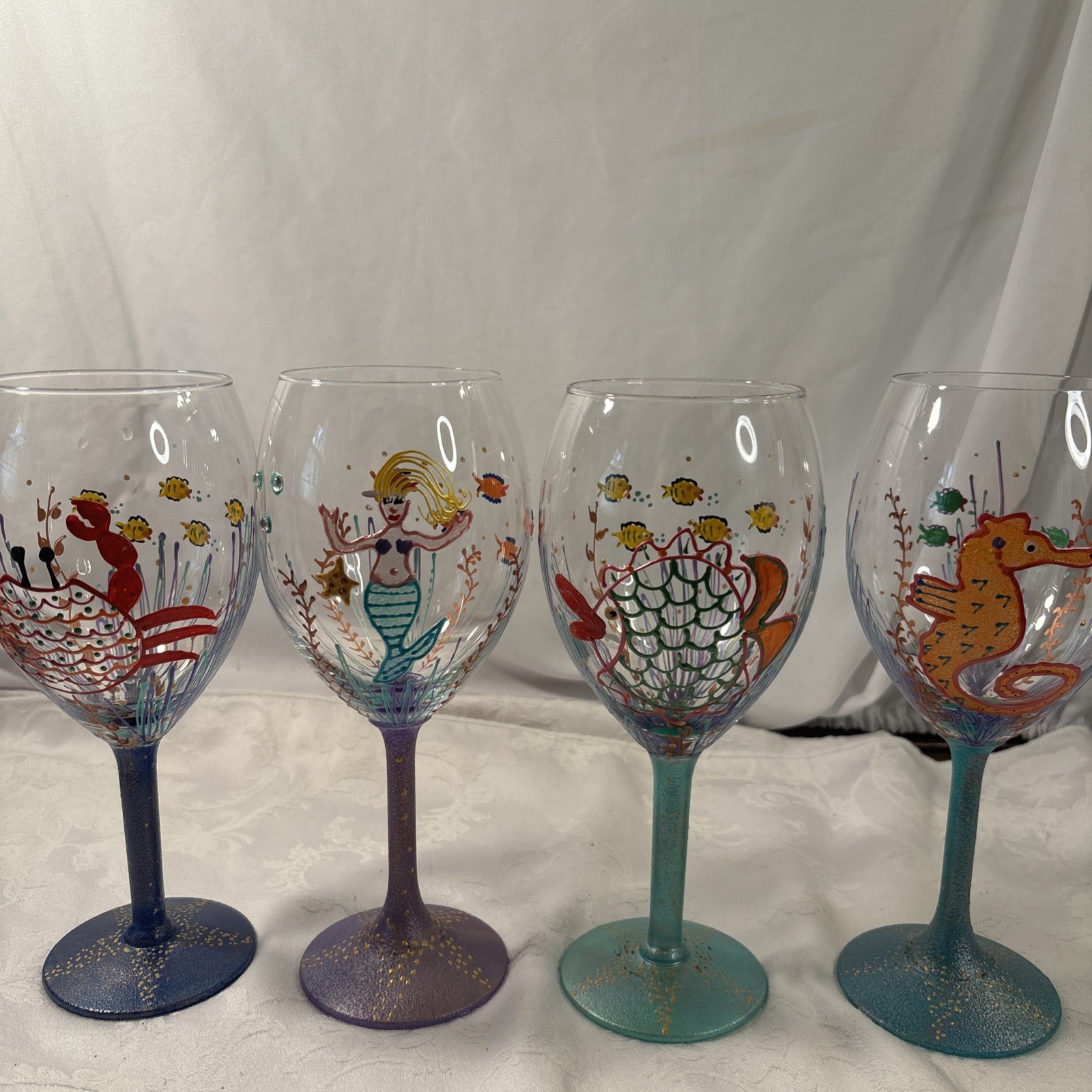 Vicki Carroll Hand painted Ocean Life Wine Glasses Set of 4