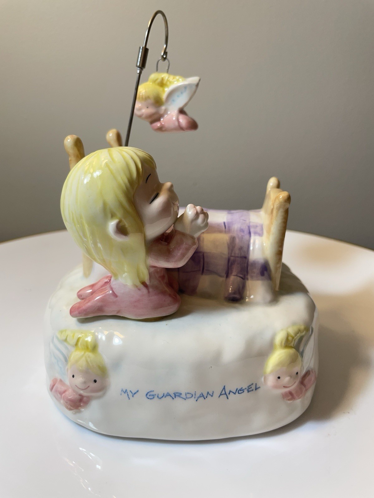 Schmid Vintage Music Box Marty Links Girl Praying w/her Guardian Angel Watching