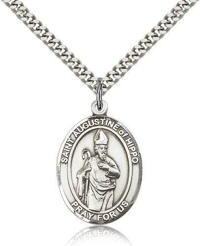 Saint Augustine Of Hippo Medal For Men - .925 Sterling Silver Necklace On 24...