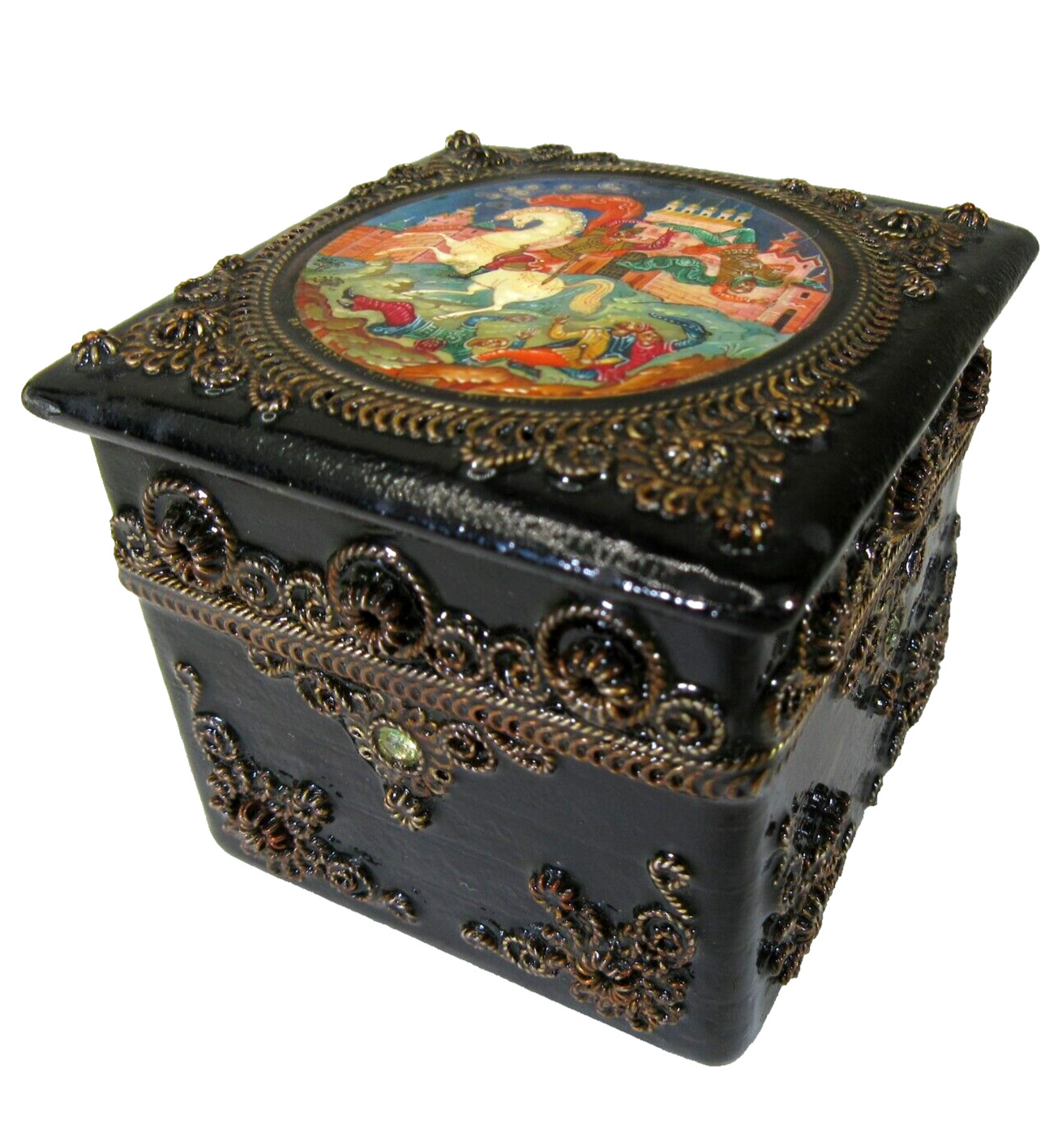 Russian Palekh black lacquer trinket box jeweled hand painted miniature signed