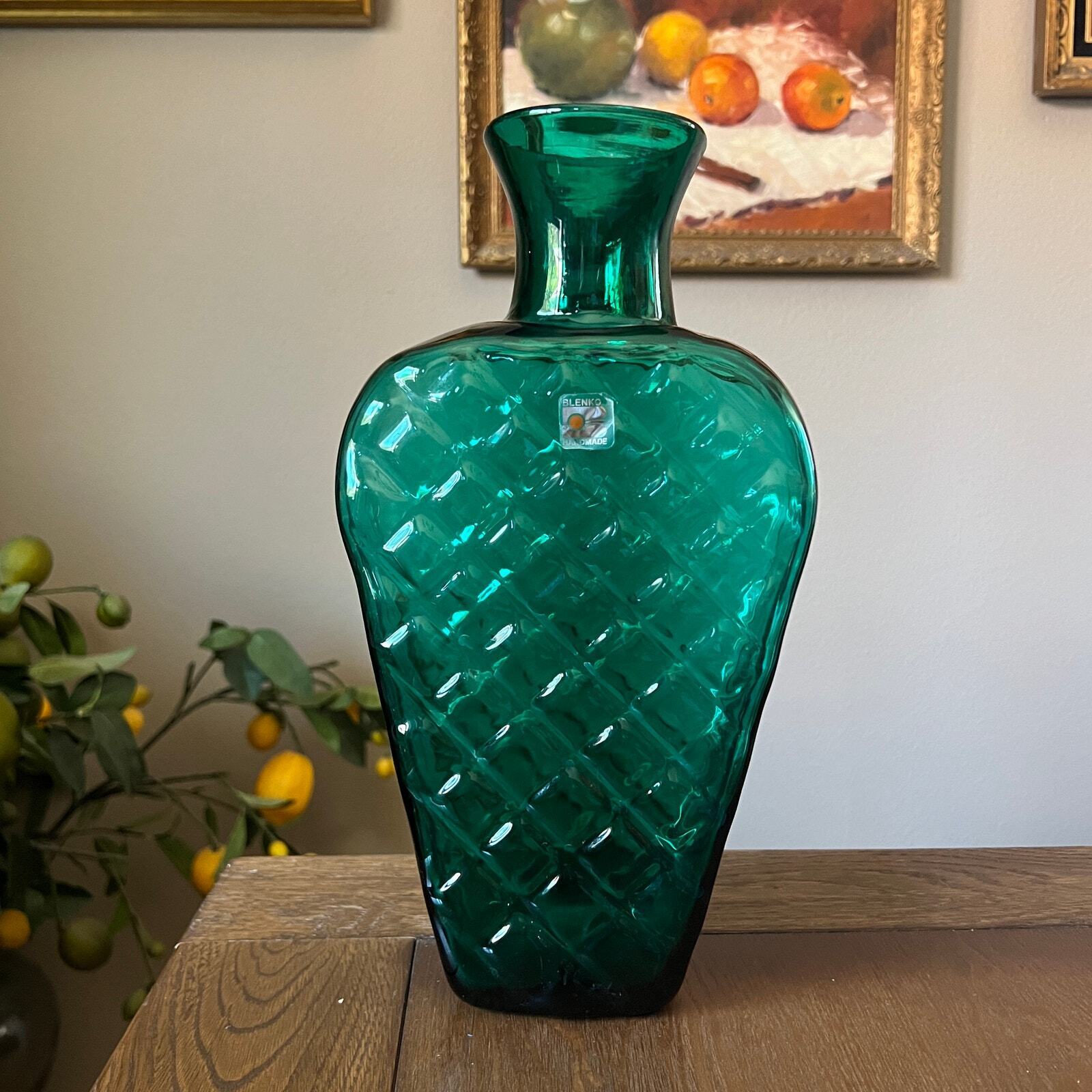 Blenko Glass Vase Green Diamond Tall Art Glass MCM