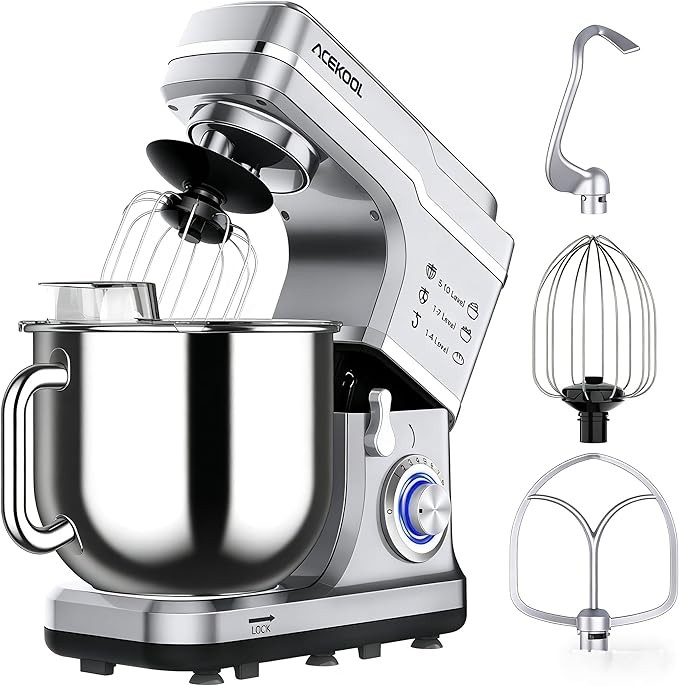 Garvee 7.5QT Electric Stand Mixer 660W 10-Speed Stainless Steel Bowl LED Silver