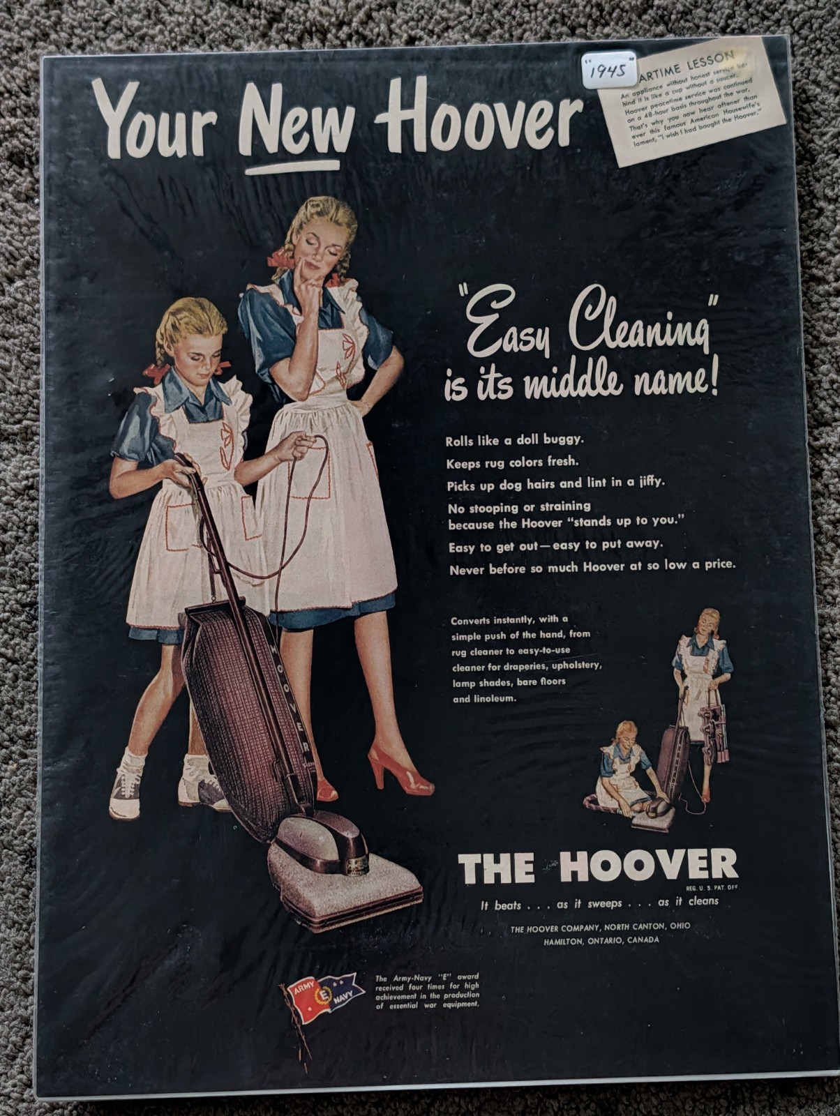 VTG 1945 Orig Magazine Ad HOOVER Vacuum Cleaner Easy Cleaning It's Middle Name