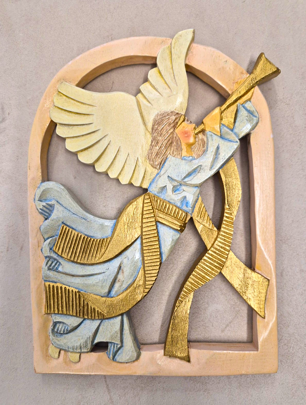 Vtg Folk Art Wooden Painted Angel Trumpet Wall Hanging Plaque Christmas Deco