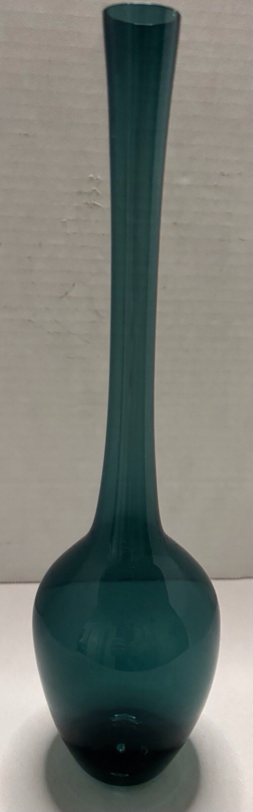 Vintage Teal Green Glass Bud Vase with Bulbous Lower Body Delicate 11” Tall