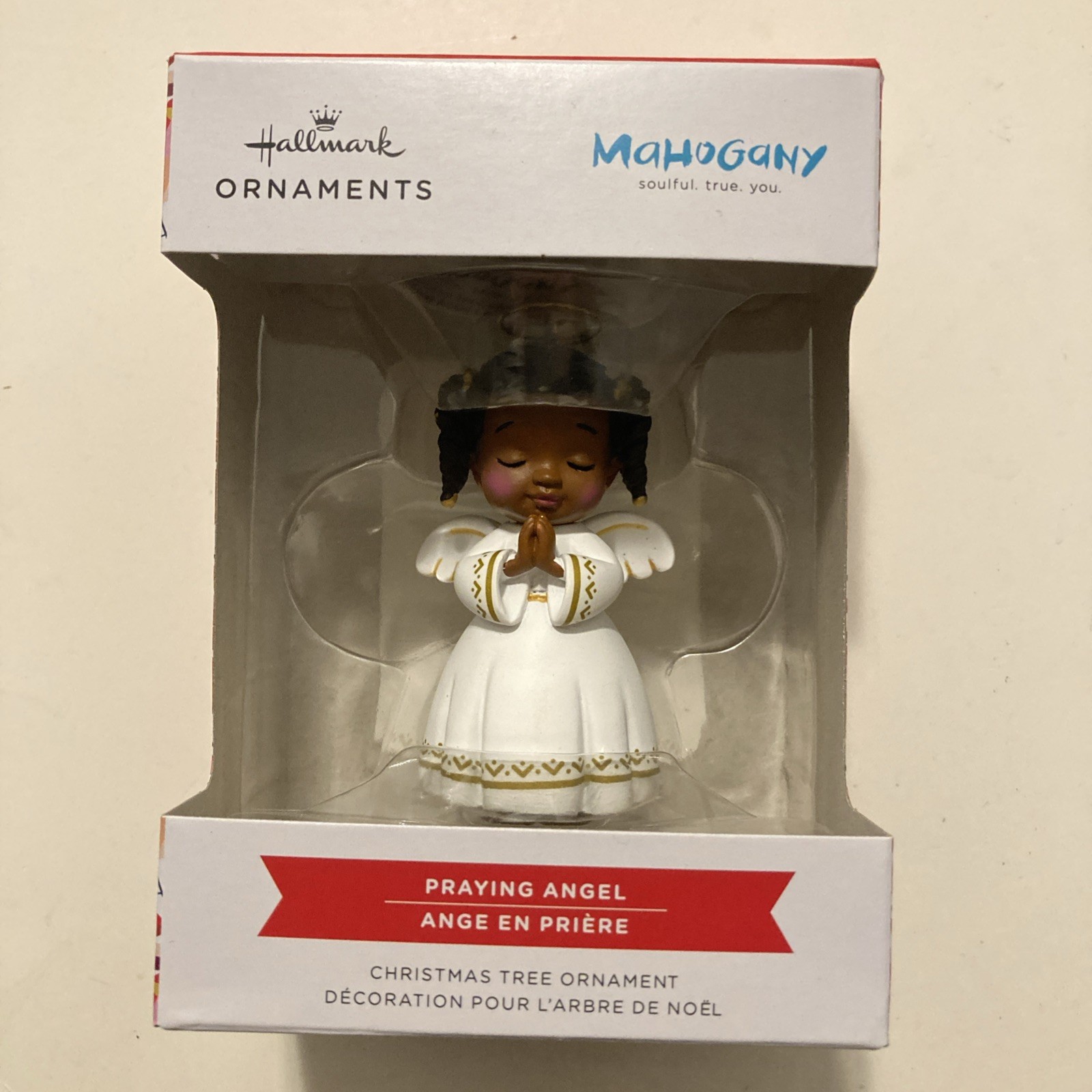 2025 Hallmark Mahogany Black Praying Angel White Dress Red Box Ornament