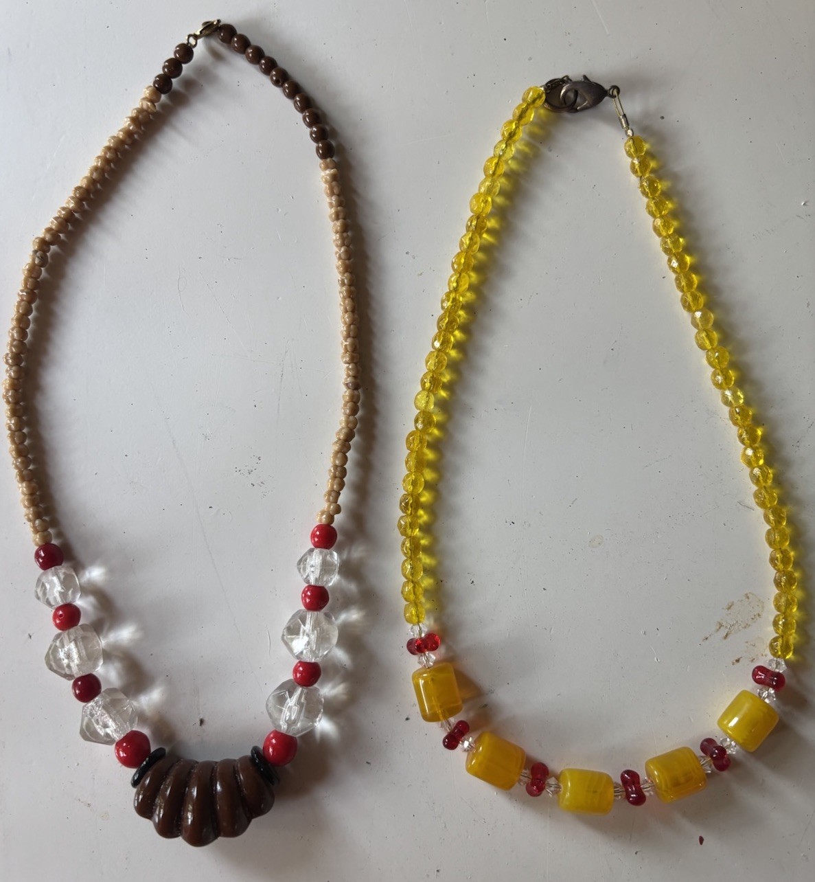 2 Vtg Czech Chunky Glass Mardi Gras Beads Circa 50’s Yellow,Rare Arched Red Bead