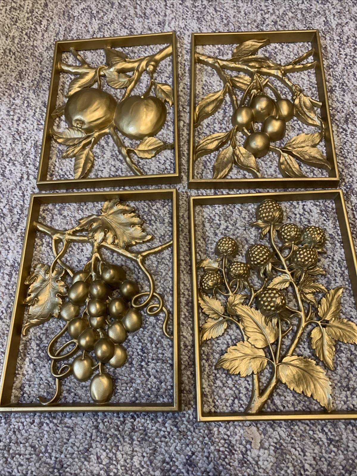Syroco Gold Wall Plaques Pictures 4 MCM Fruit Panels Boho Hollywood Regency USA