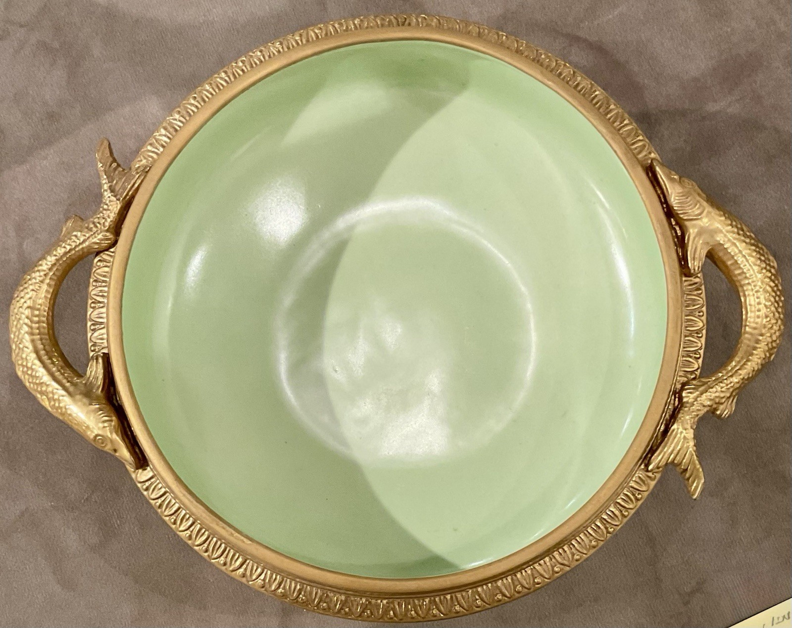 Agostinelli Italian Celadon Green Porcelain Bronze Dolphin Handle Dish 9x4