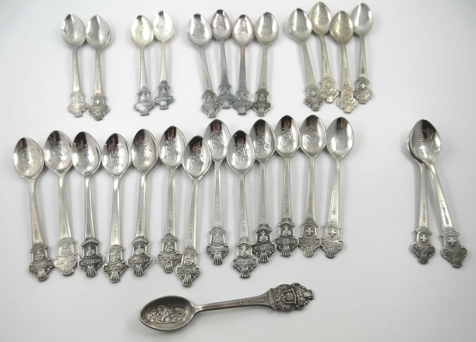 Rolex Bucherer of Switzerland 28 Souvenir Collectible Spoons 4-1/2\ Rolex Bucherer of Switzerland 28 Souvenir Collectible Spoons 4-1/2\