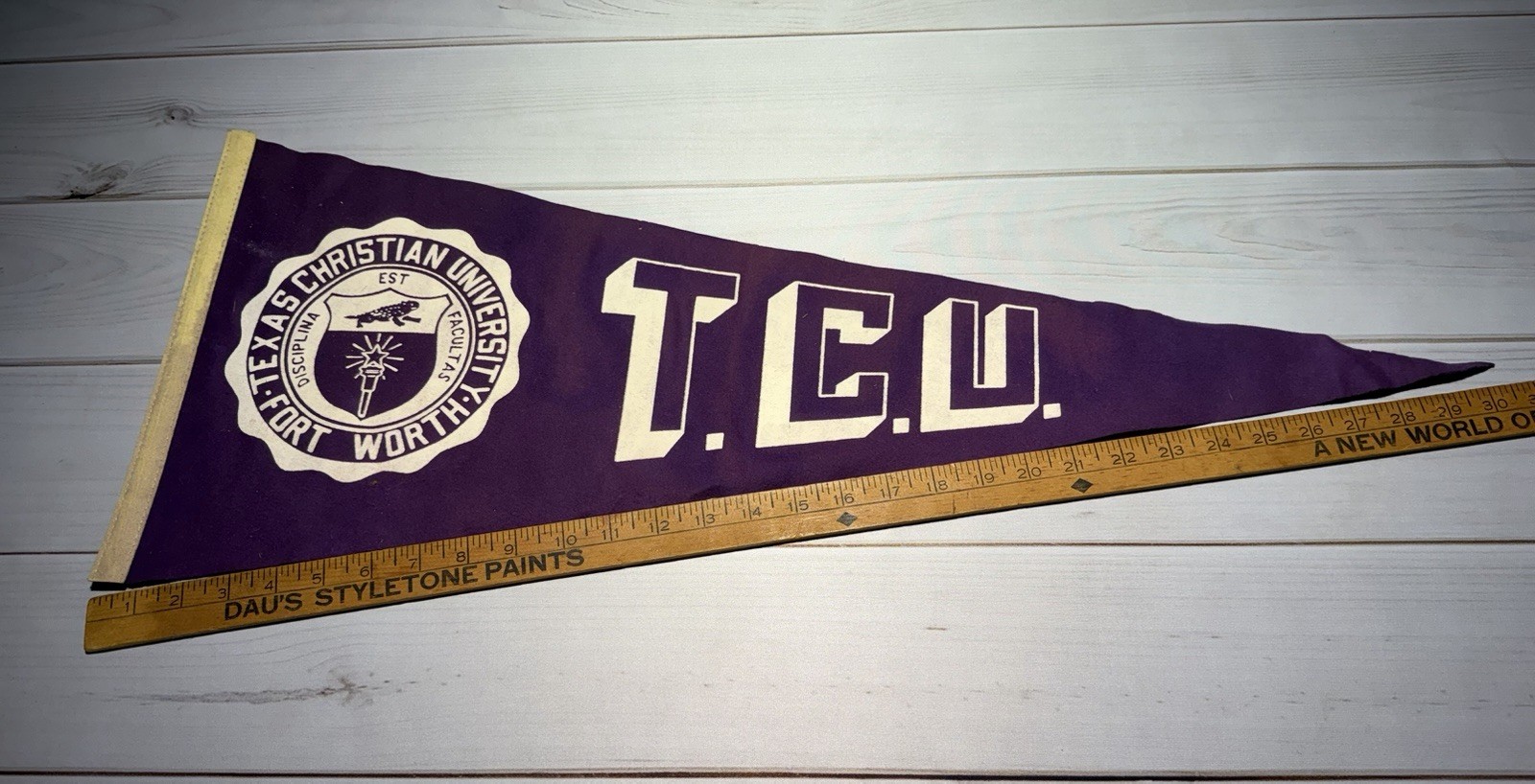 vintage purple and white felt pennant from Texas Christian University (TCU)