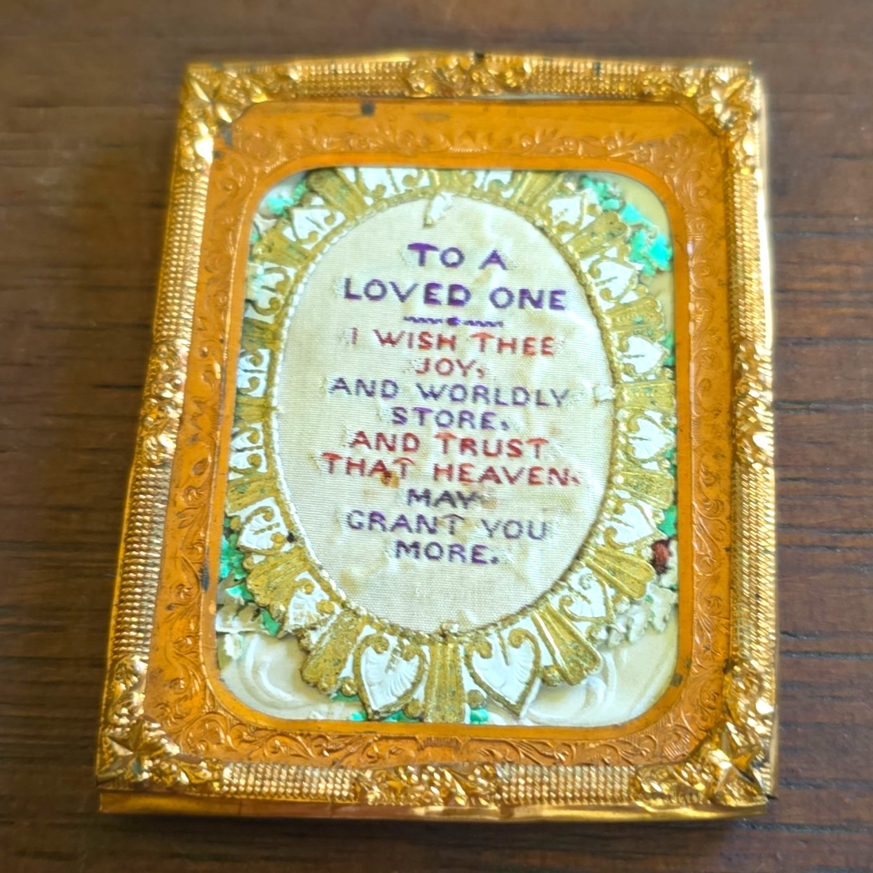Antique Victorian Paper Lace Sentiment Token Framed Gilt Metal Mr & Mrs Stewart