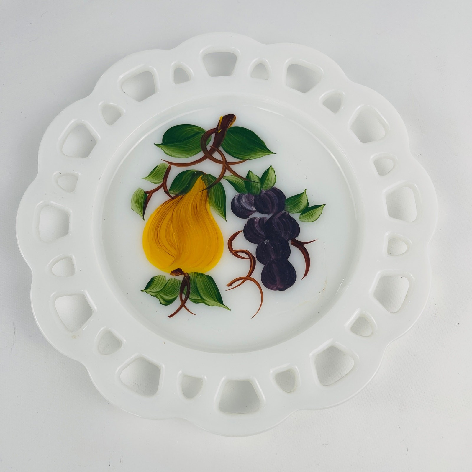 Vintage Anchor Hocking Fire Kink Milk Glass Fruit Plate Open Lace Edge 8 3/8”