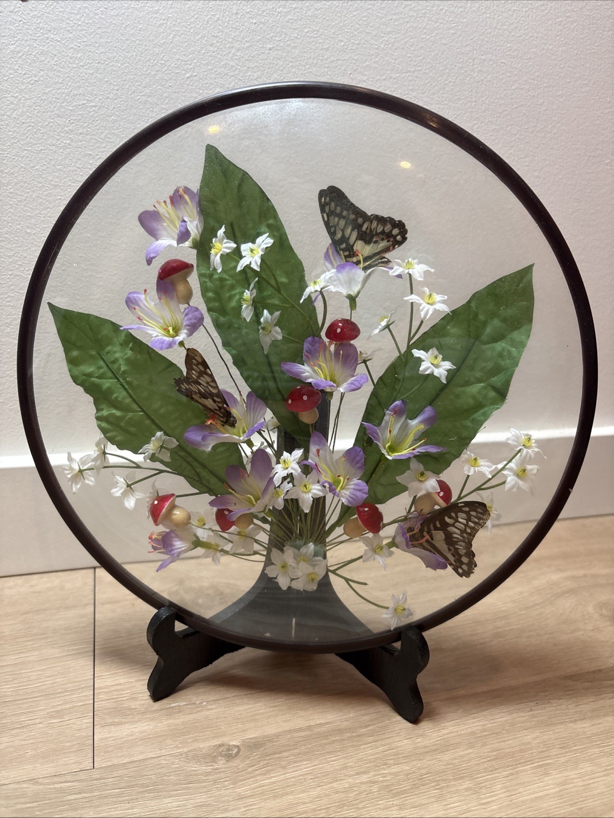 Taxidermy Butterfly w Flowers Convex Frame On Wooden Easel Stand Vintage 11.5”