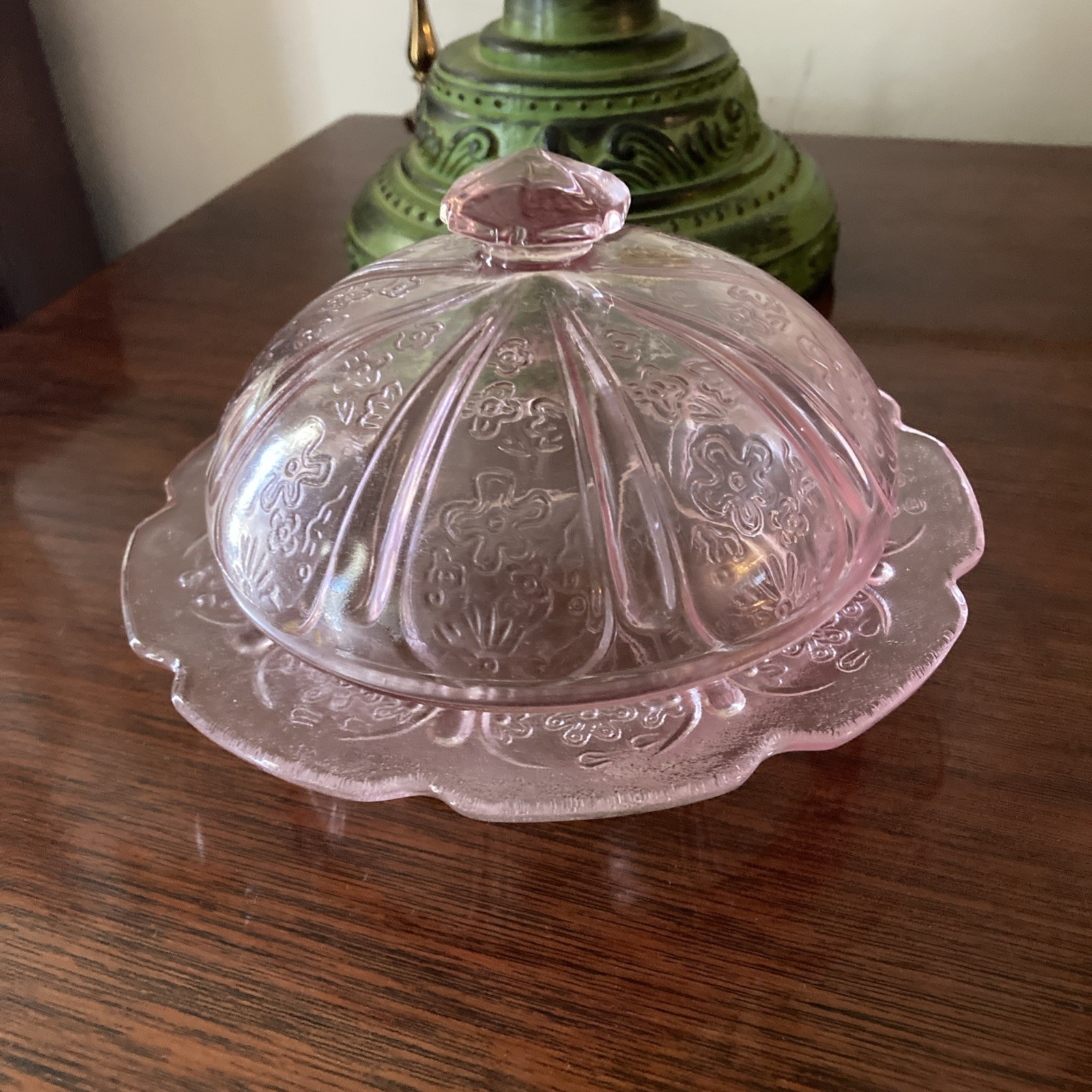 1930s Jeannette Pink Cherry Flower Blossom Covered Dome Butter Dish