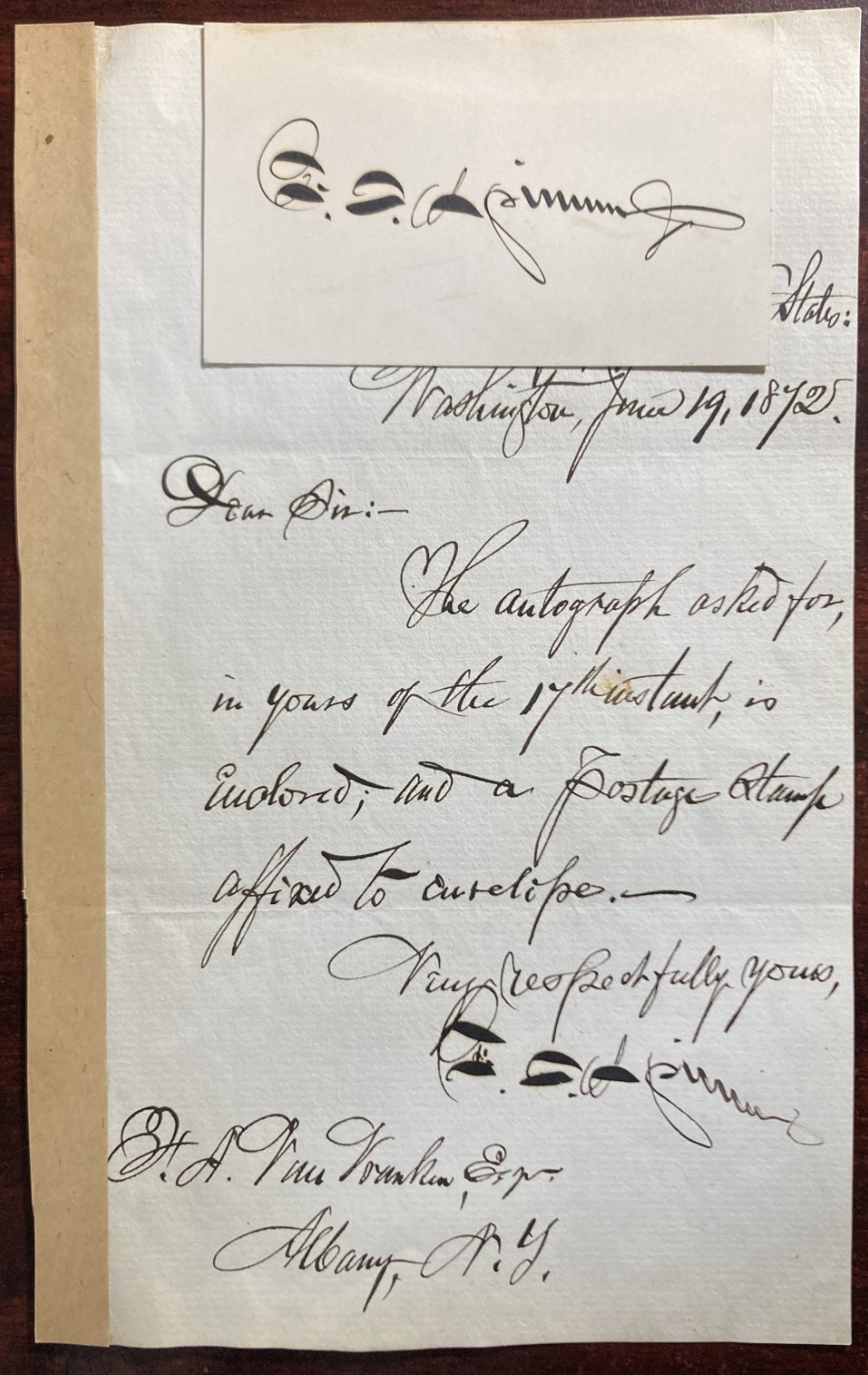 FRANCIS E. SPINNER-(2) items; Autograph Letter Signed, Signed Card; US Treasurer