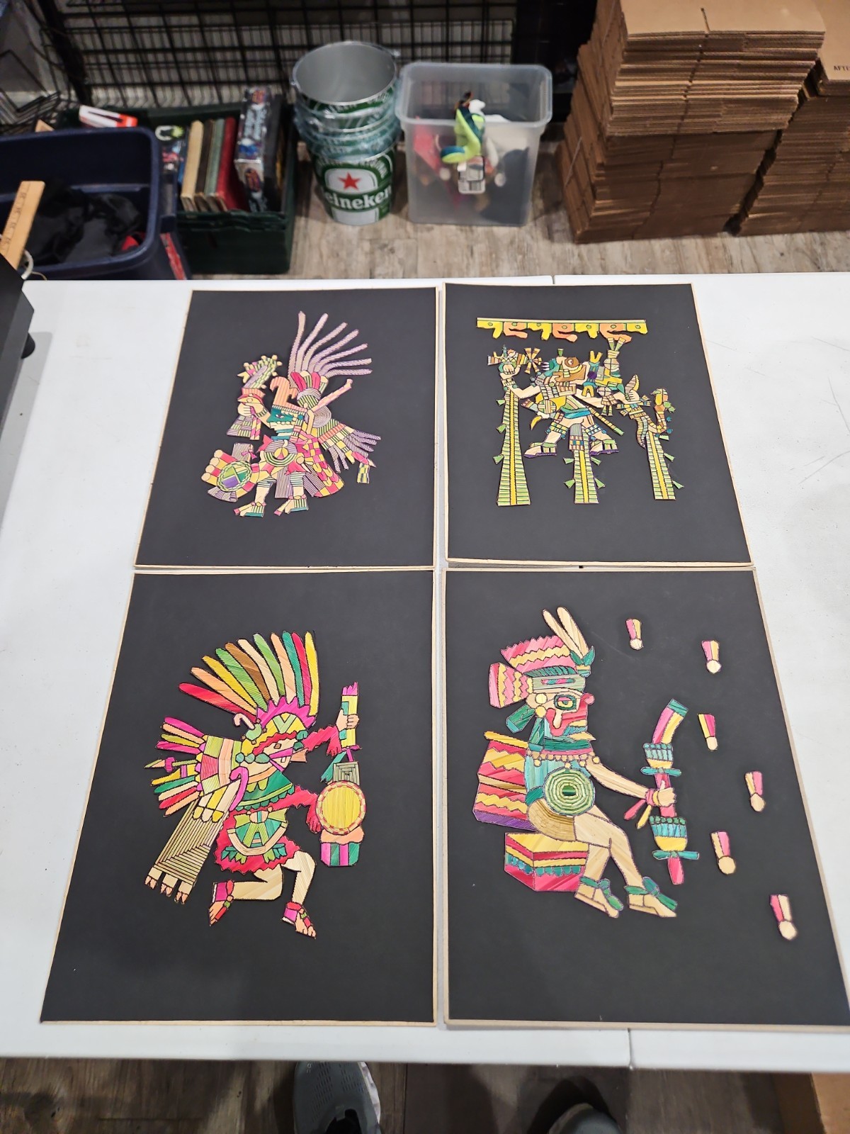 Pair of Vintage Mayan Aztec Design Dyed Straw Artwork unframed - 🇺🇸 SHIPPED 