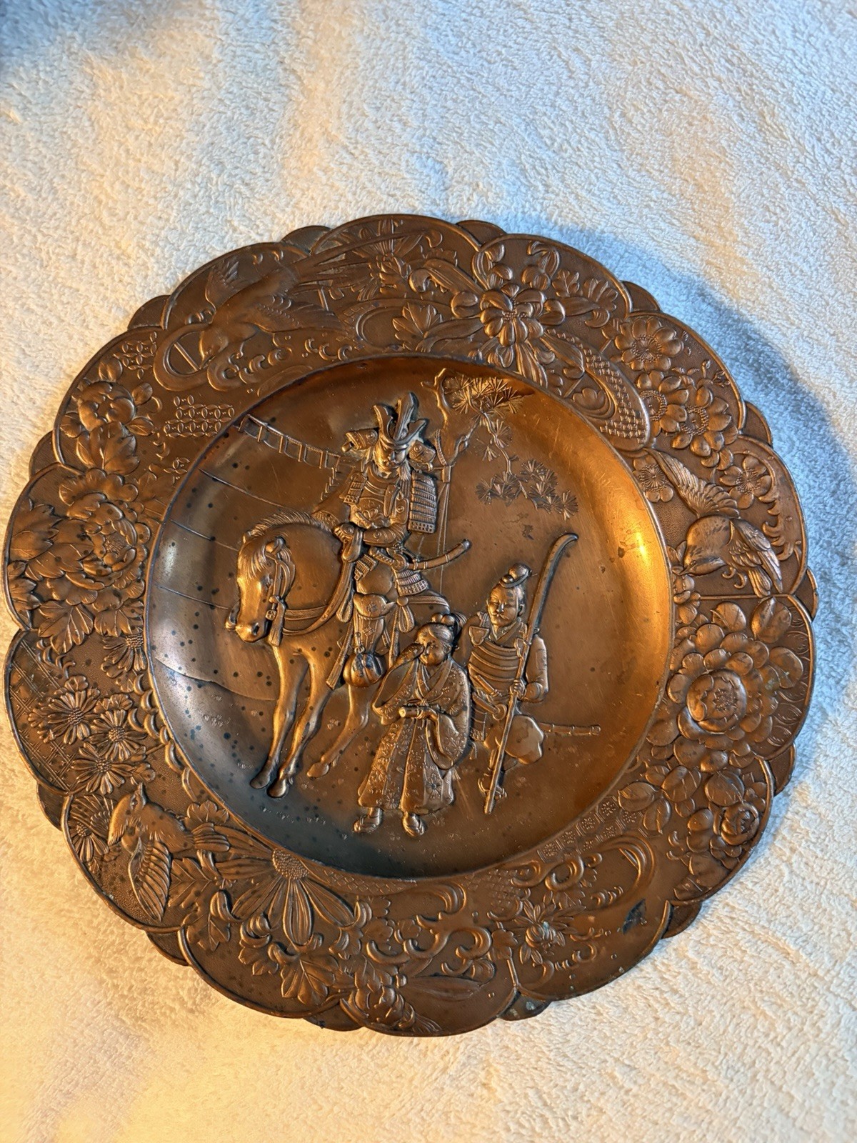 Vintage Brass Plate Featuring Samurai on Horse Vintage Brass Plate Featuring Samurai on Horse