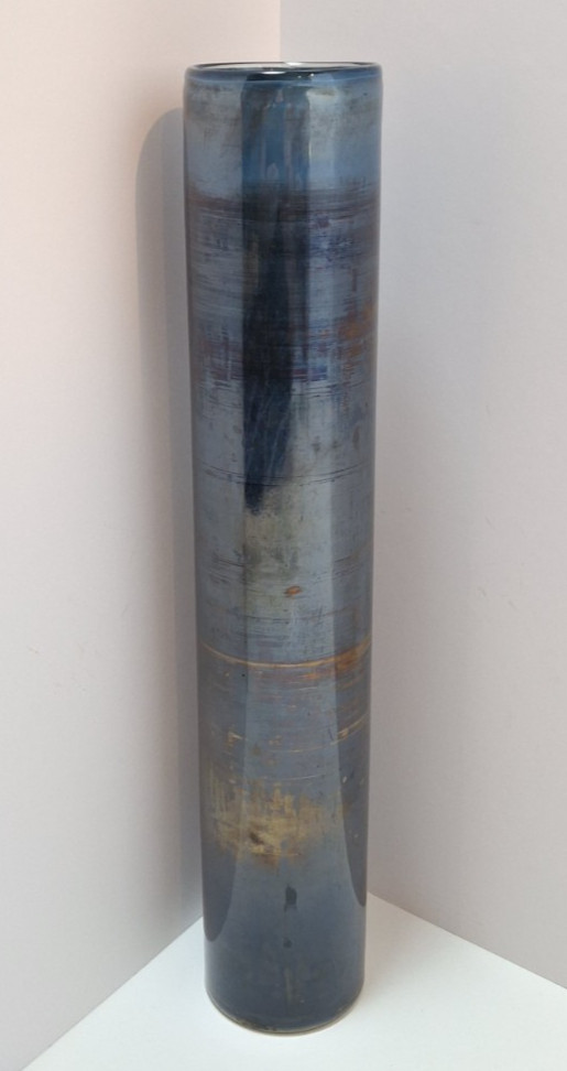Vintage Viterra Cylinder Vase Art Glass Blue Gold Brown Iridescent
