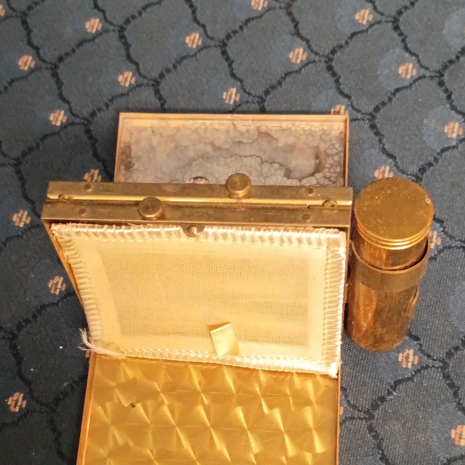 Vintage Gold Tone Powder Compact w/ Lipstick Holder, Mirror, Puff Lady Design