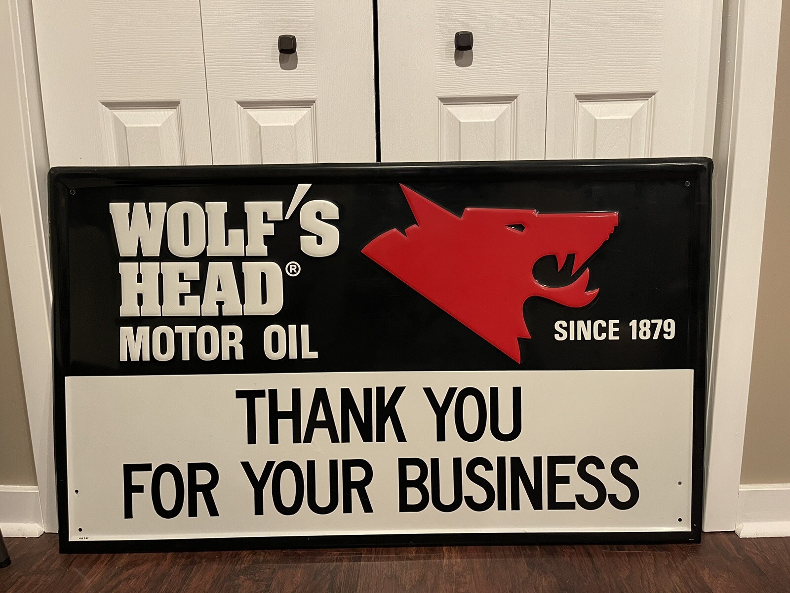 Vintage WOLF’S HEAD Motor Oil Embossed Sign Dated 1989 47x28 Inches Vintage WOLF’S HEAD Motor Oil Embossed Sign Dated 1989 47x28 Inches