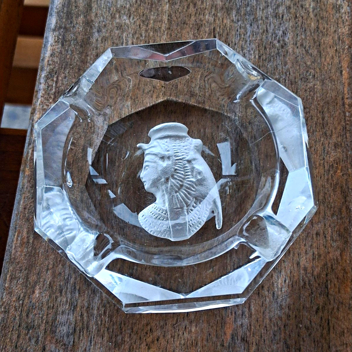 VTG Clear Crystal Octagonal Paperweight Ashtray Etched Egyptian Portrait