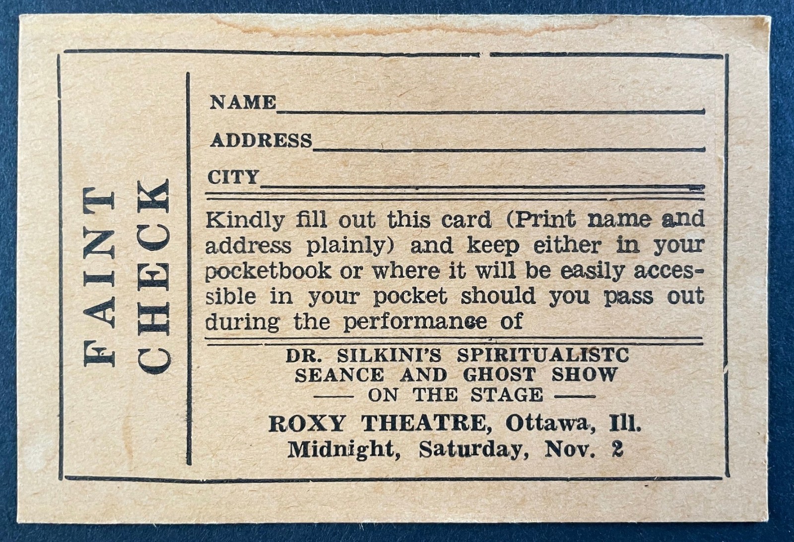 RARE Vintage Ottawa IL Dr. Silkini\'s Spiritualistic Seance and Ghost Show Roxy