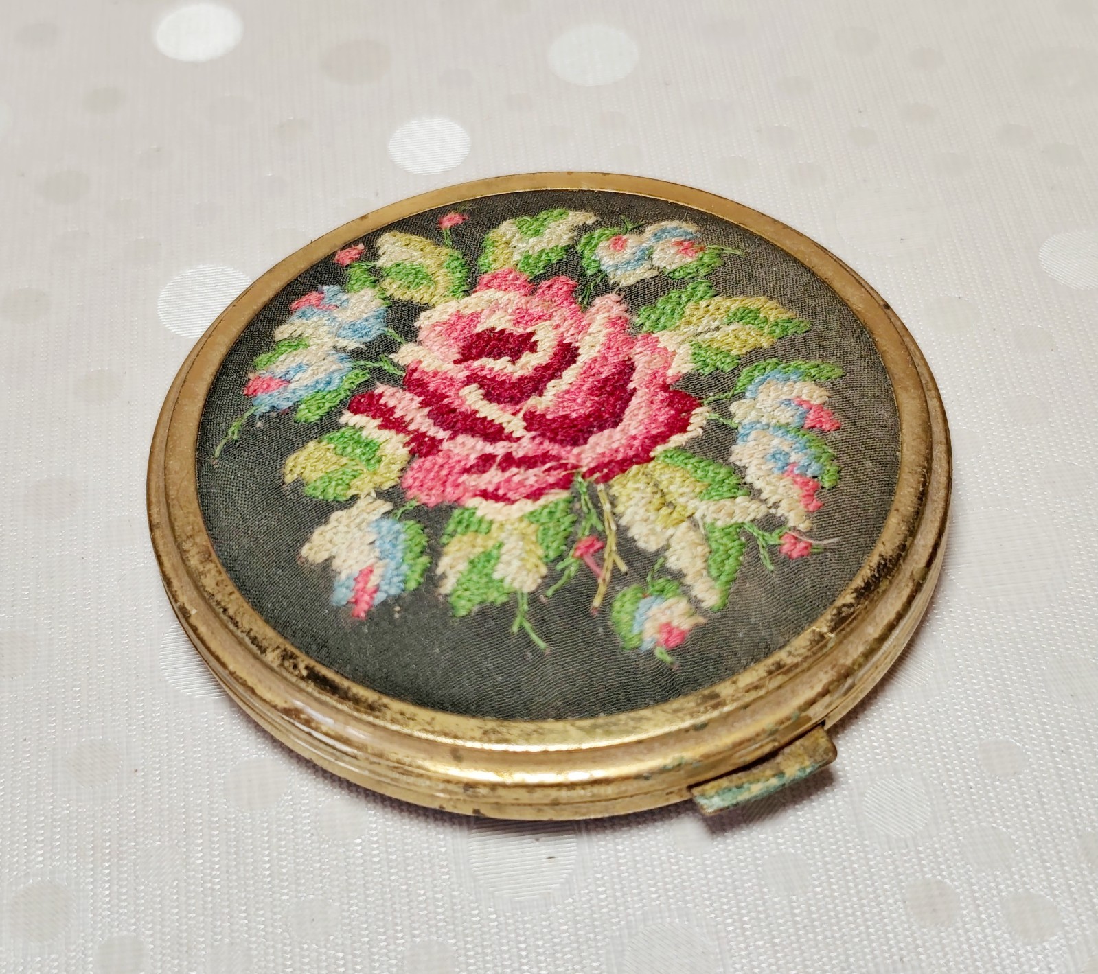 Vintage Primadonna Powder Compact Petit Point Embroidered Rose Brass Mirror