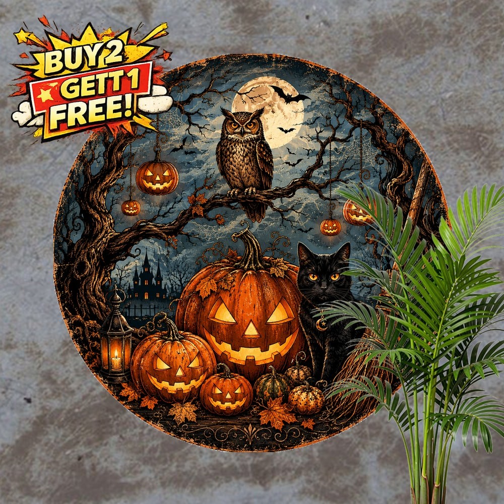 Halloween Pumpkin Owl Spooky Artwork Metal Tin Sign Round Wall Decor Plaque 8x8