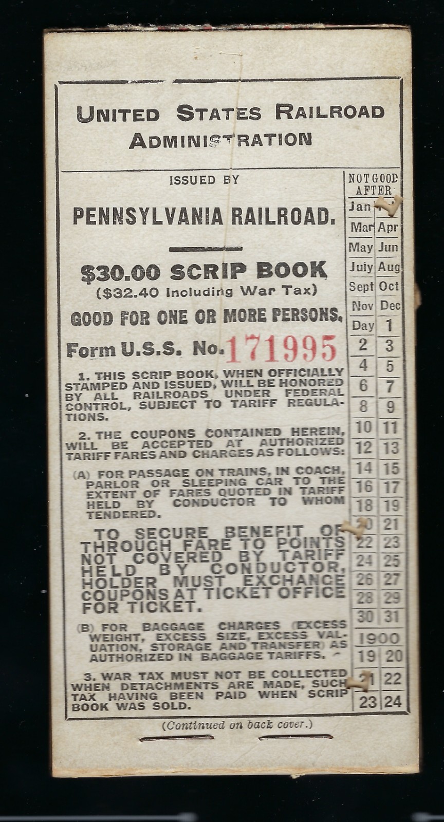 1920 Pennsylvania Railroad $30.00 Scrip Book with tickets number 56 thru 60