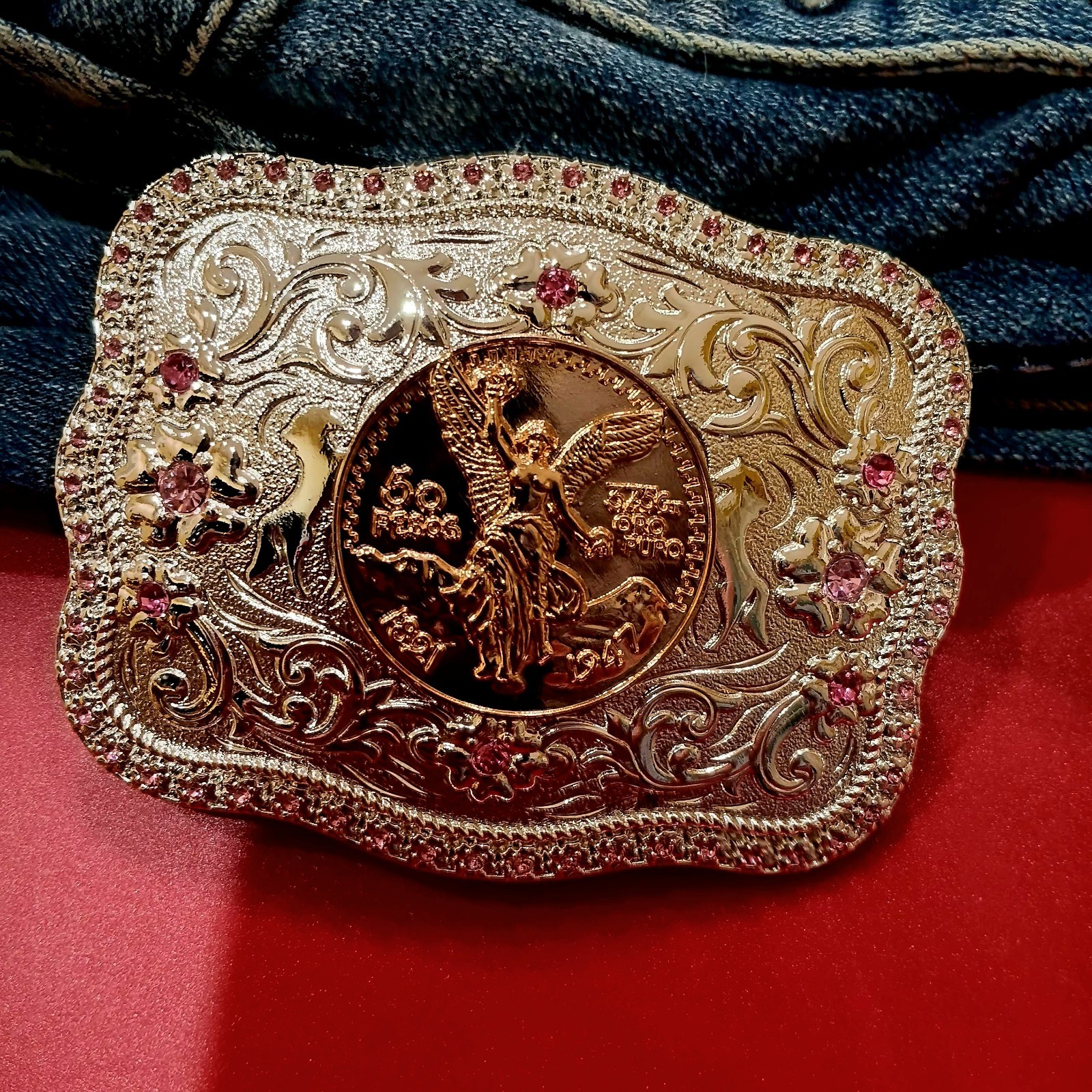 Centenario Western Belt Buckle Rosetone Silver Pink Rhinestone Faux Mexican Peso