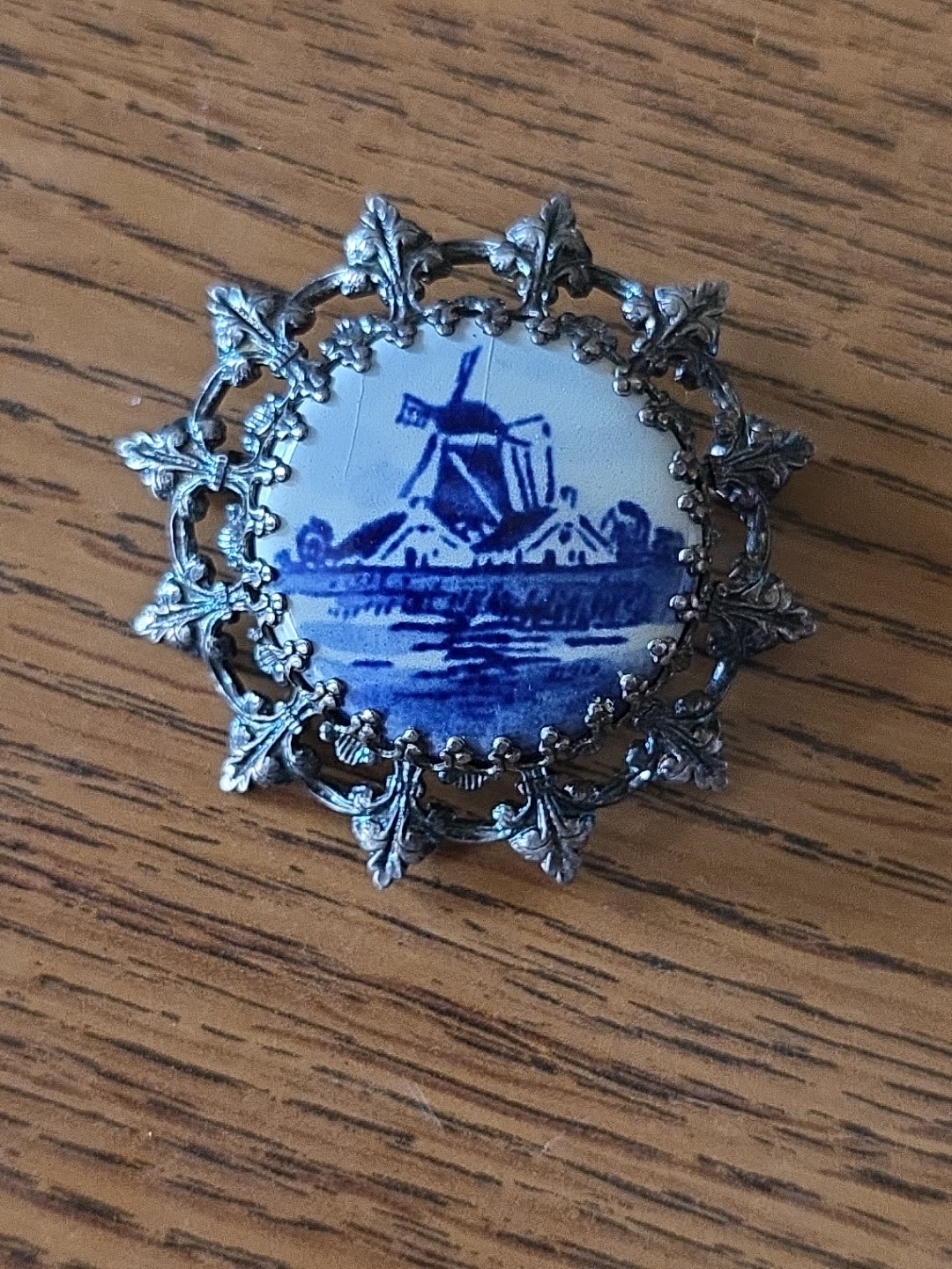 Vintage Holland  Delft  Cobalt Blue Round Porcelain & Sterling Brooch