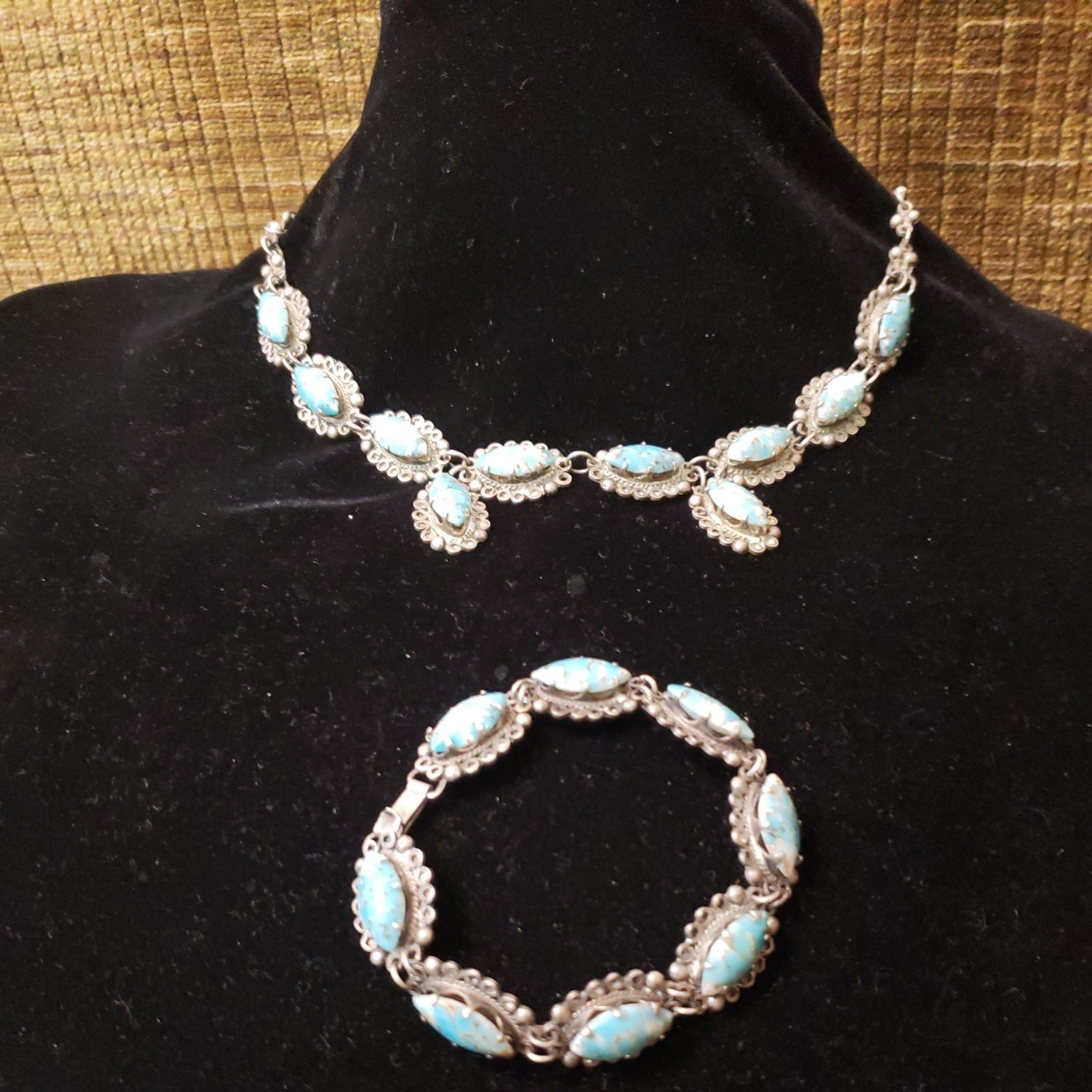 Vintage Navajo Sterling Silver  Turquoise Cuff Bracelet & Necklace 