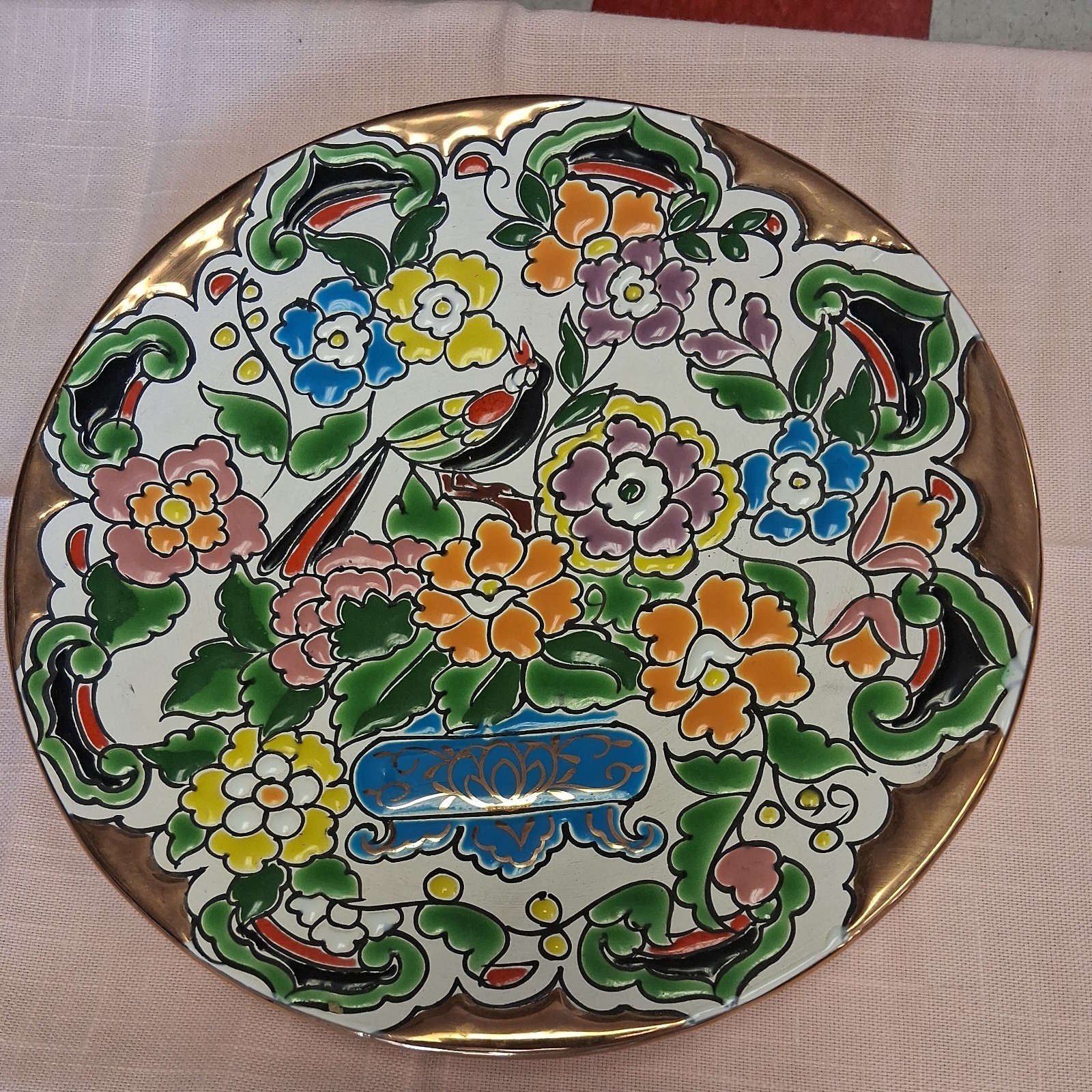Vintage Ceramicas Decorative Plate with Gold Trim Made in Spain sig Esta Pentado