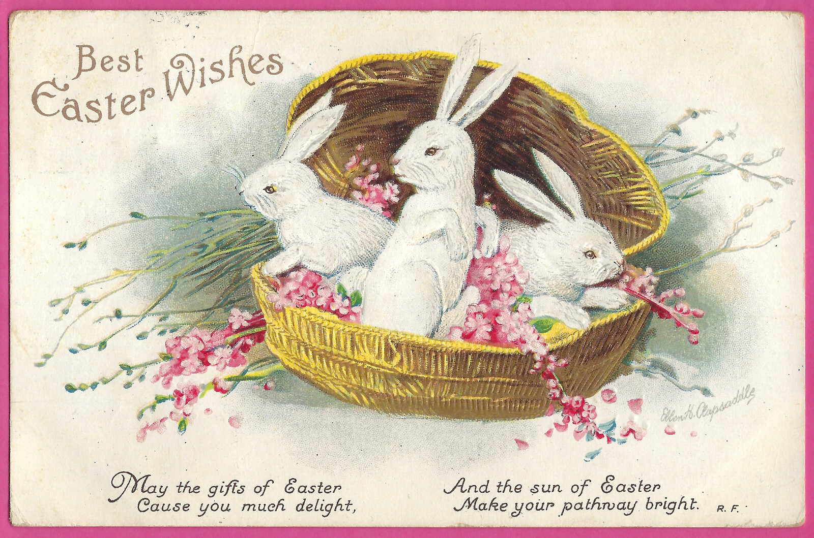 Vtg Clapsaddle Easter White Rabbits Egg Basket Pussy Willows A/S PC Emb c1914