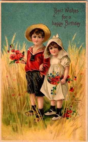 Postcard Best Wishes for a Happy Birthday boy girl wheat field embossed