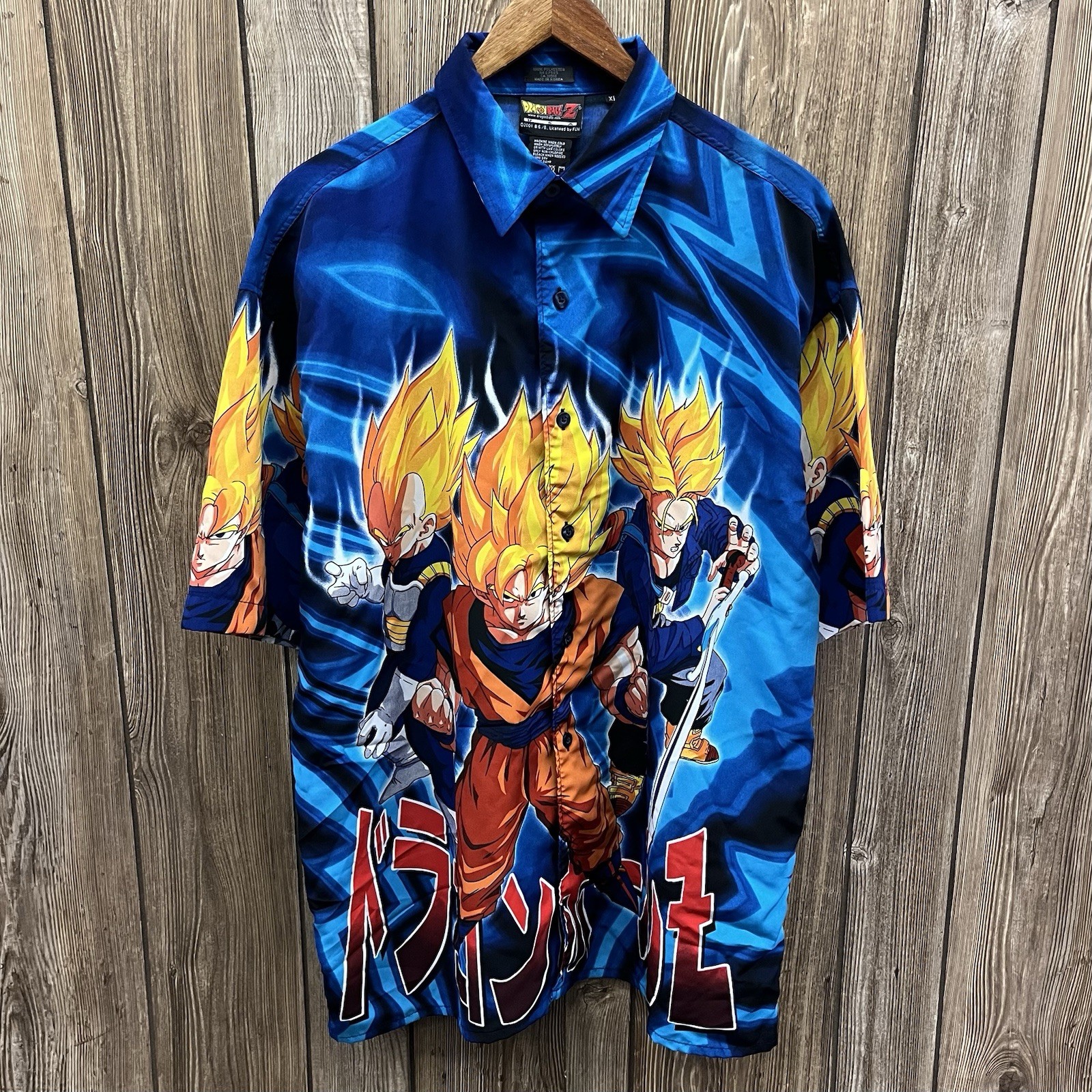 Vintage 2001 Dragon Ball Z Anime Goku Vegeta Trunks AOP Button Up Shirt Blue XL Vintage 2001 Dragon Ball Z Anime Goku Vegeta Trunks AOP Button Up Shirt Blue XL