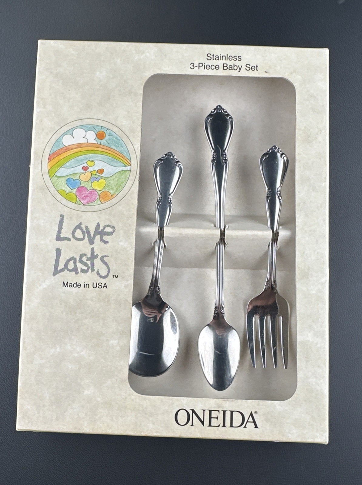 1990s Oneida 3 Piece Baby Stainless Silverware Set - Love Lasts-Chateau - New