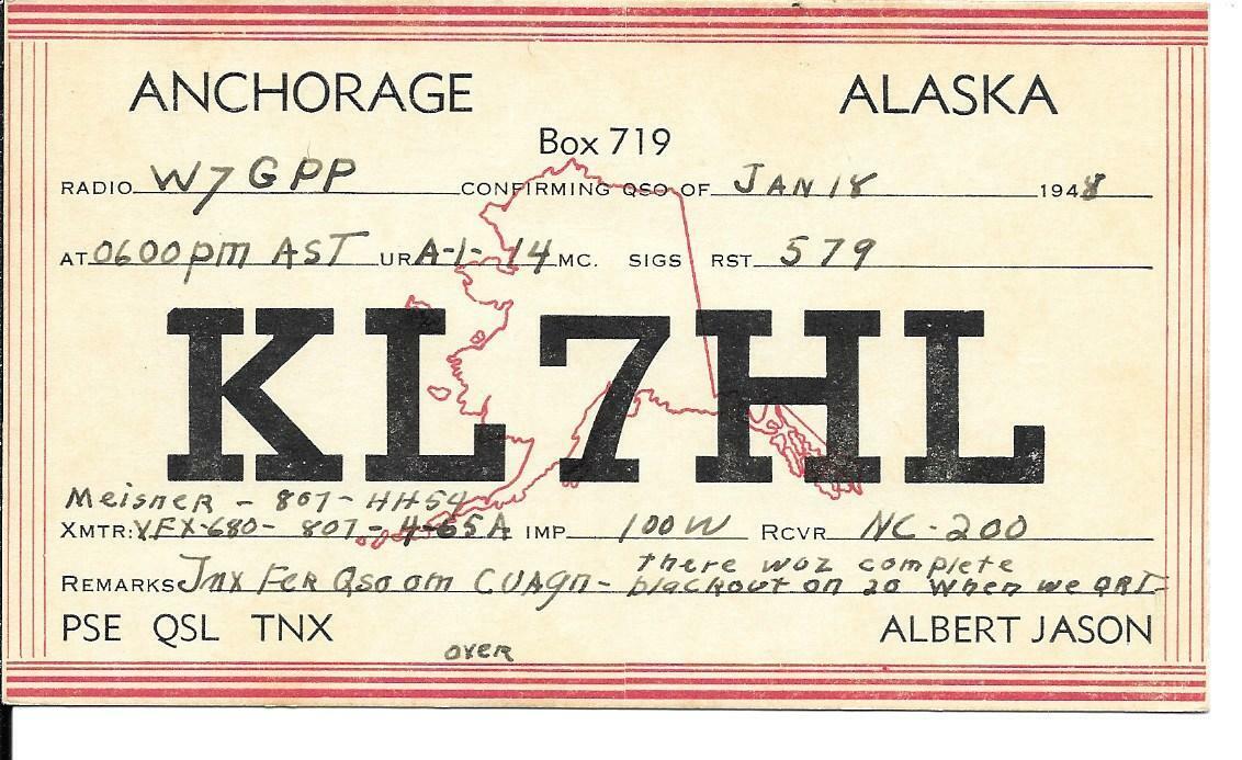 QSL  1948 Anchorage   Alaska  radio card   