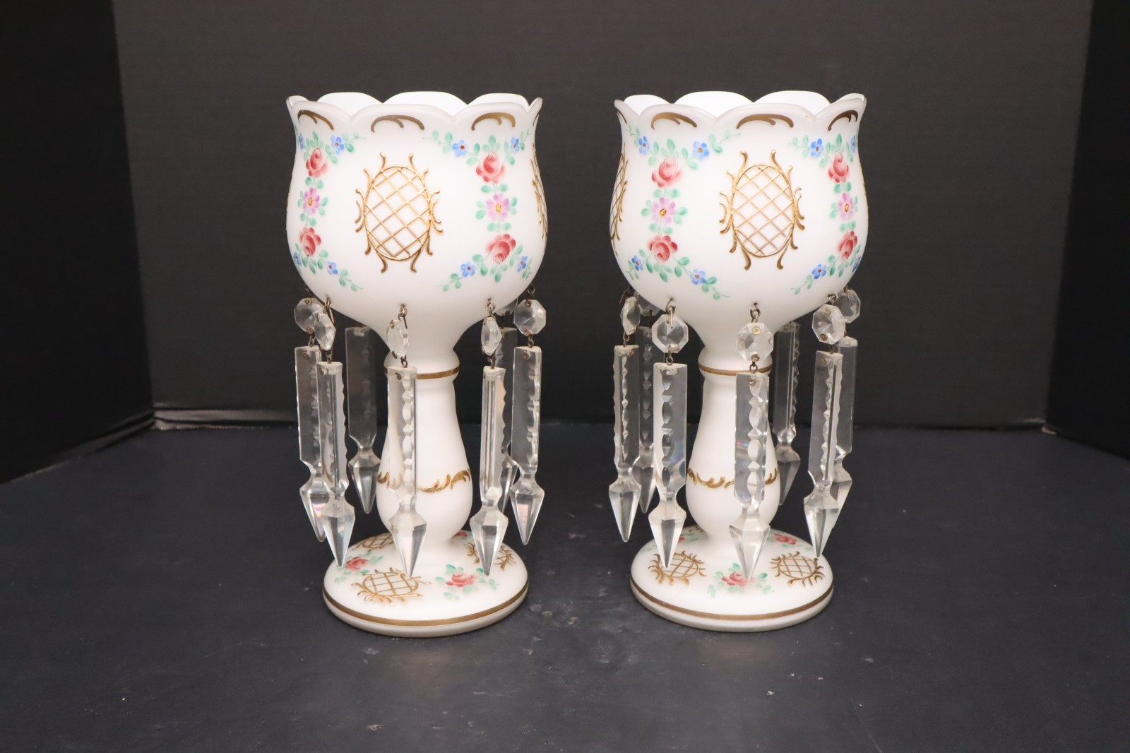 Pair of Antique Victorian Frosted White Art Glass Mantle Lusters w Prisms