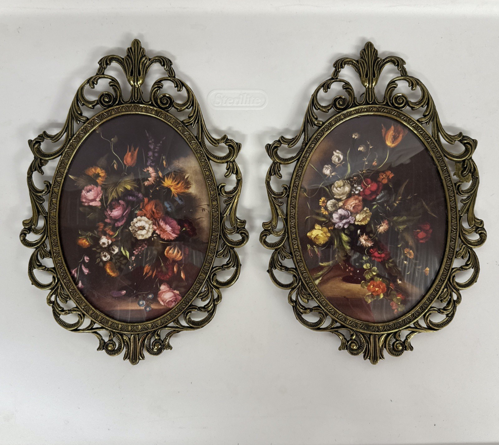 Vintage Italian Oval Brass Frame with Floral Design and Convex Glass - Set Of 2